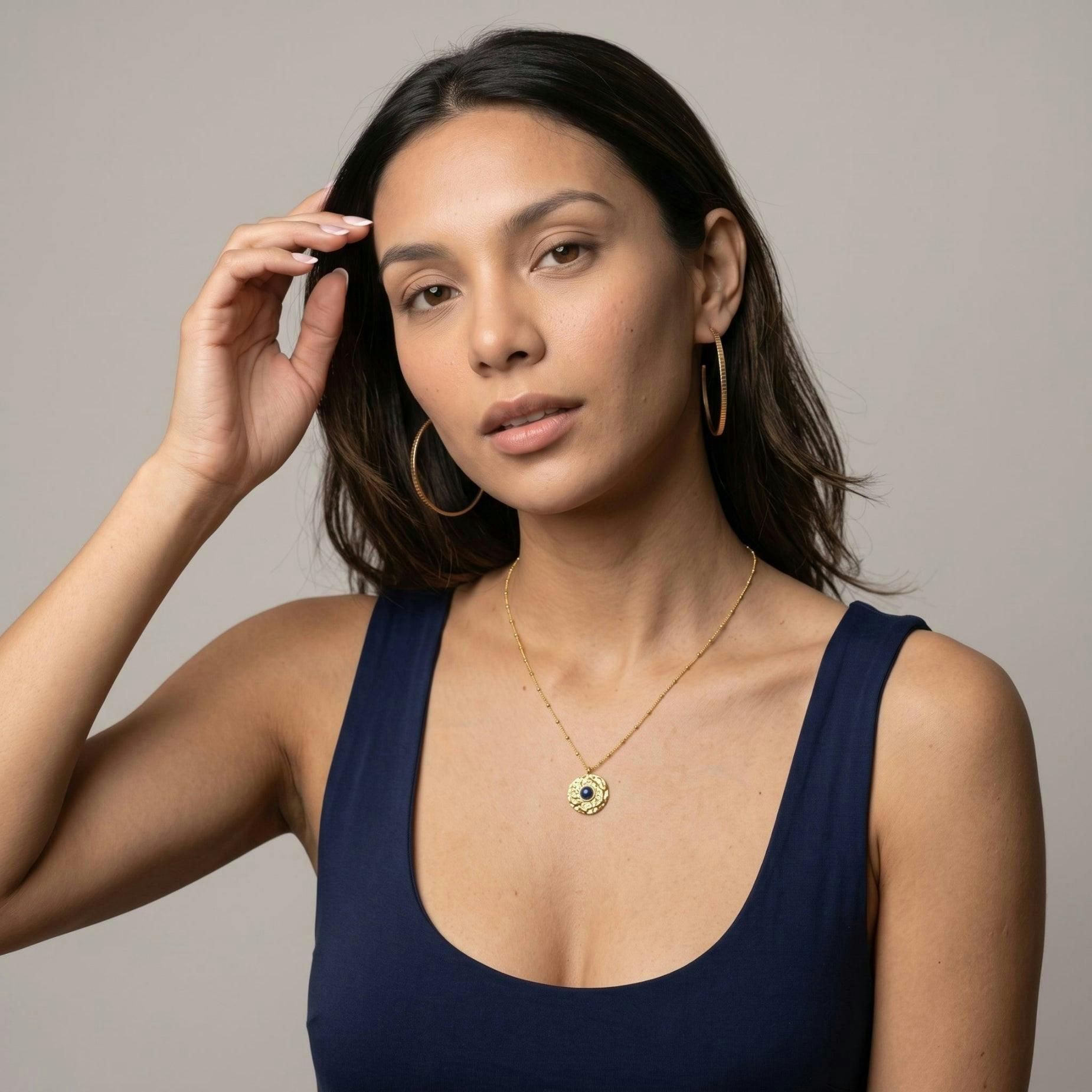 Kin Molten Gold and Navy Stone Pendant Necklace , view 2 of 6
