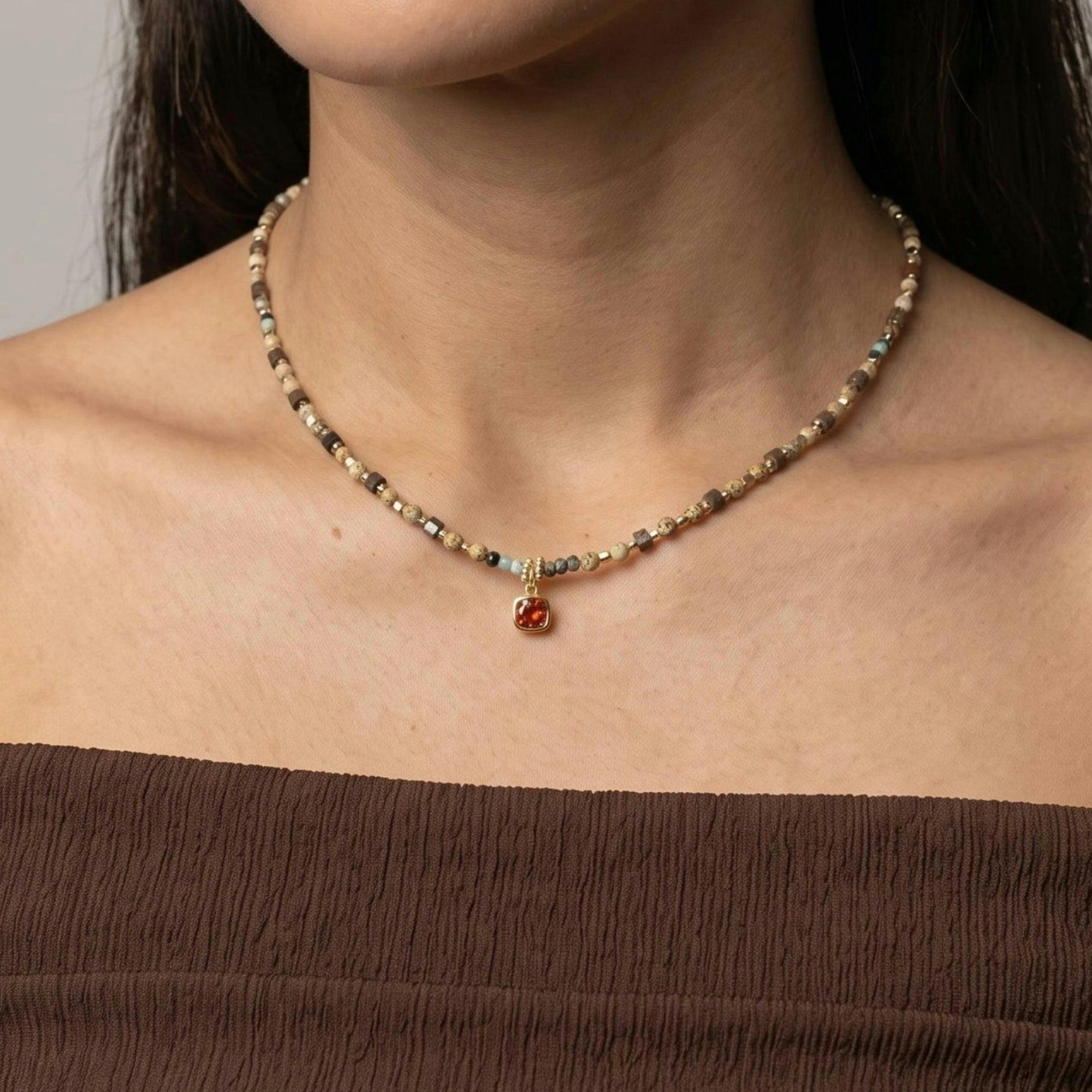 Shikaku Orange Stone and Mutli Bead Necklace , view 4 of 5