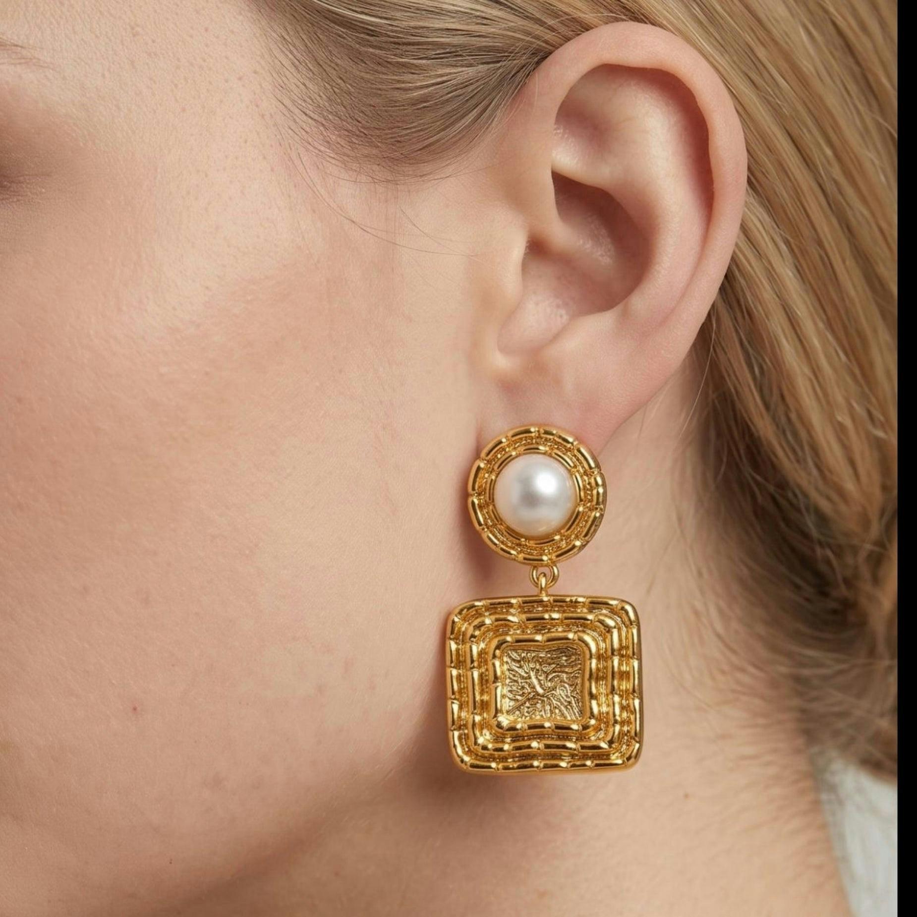 Shinju Pearl and Sculptural Square Earrings , view 4 of 5
