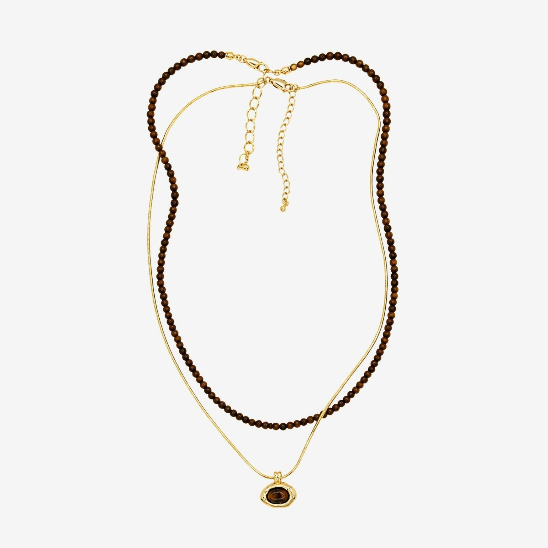 Nekomeishi Tiger's Eye Beads and Gold chain Pendant , view 3 of 5