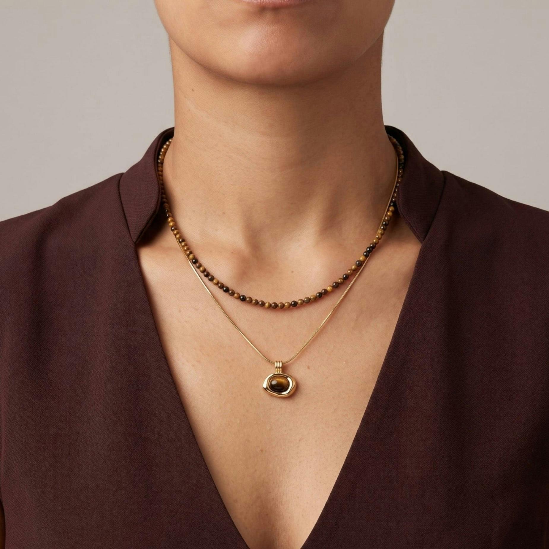 Nekomeishi Tiger's Eye Beads and Gold chain Pendant , view 4 of 5