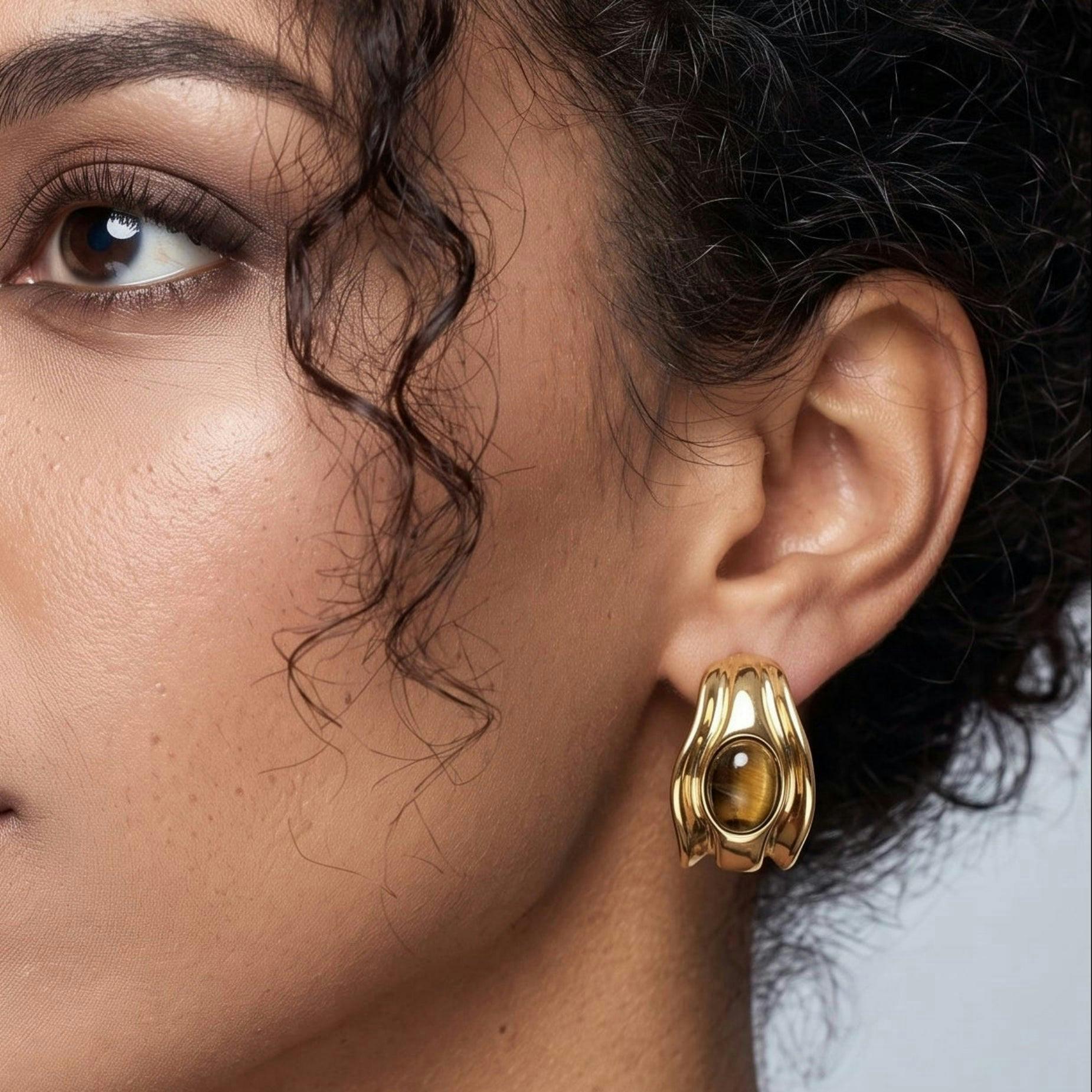 Nekomeishi Tiger's Eye Stone Hoop Earrings , view 4 of 5