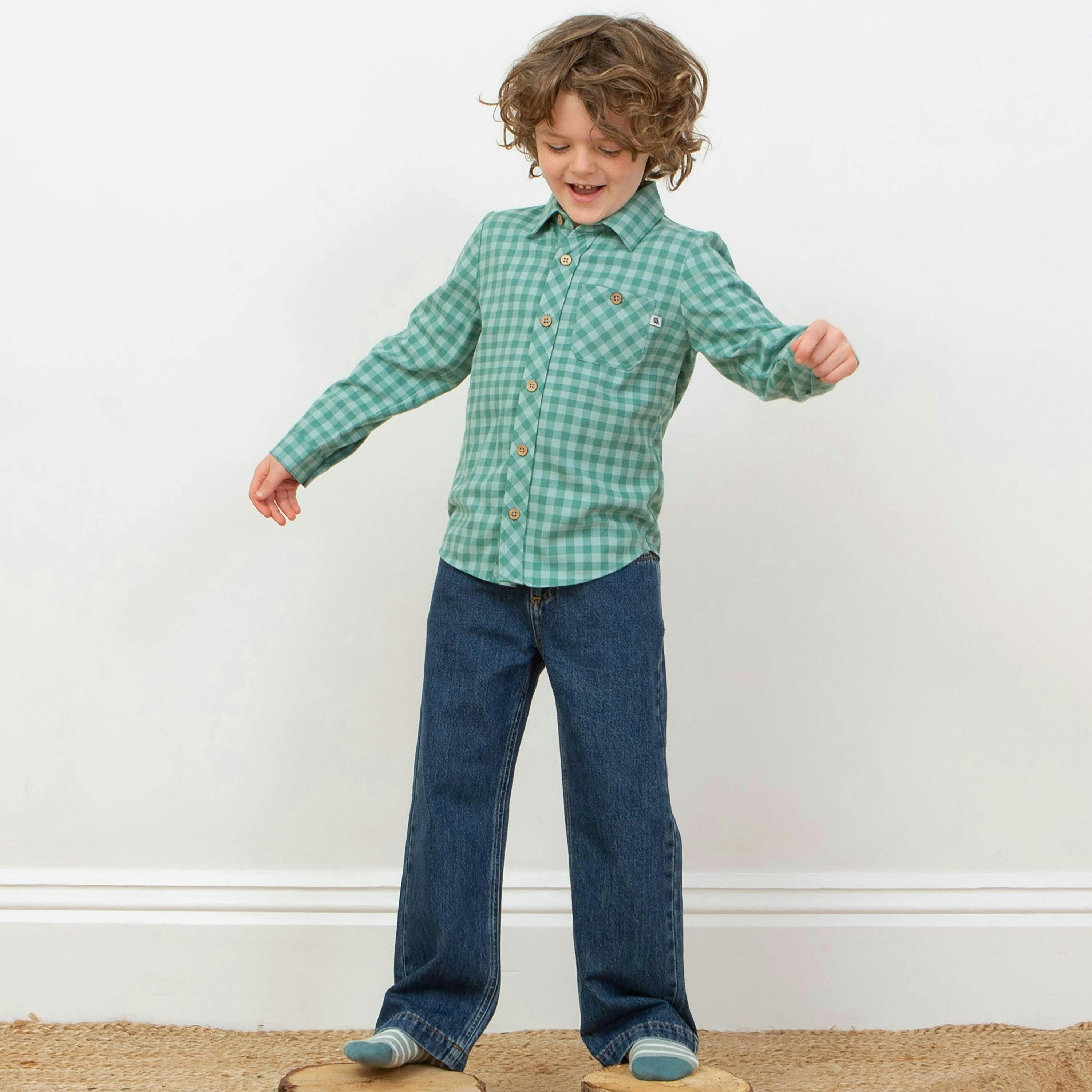Kids Organic Check Shirt Thyme , view 3 of 4