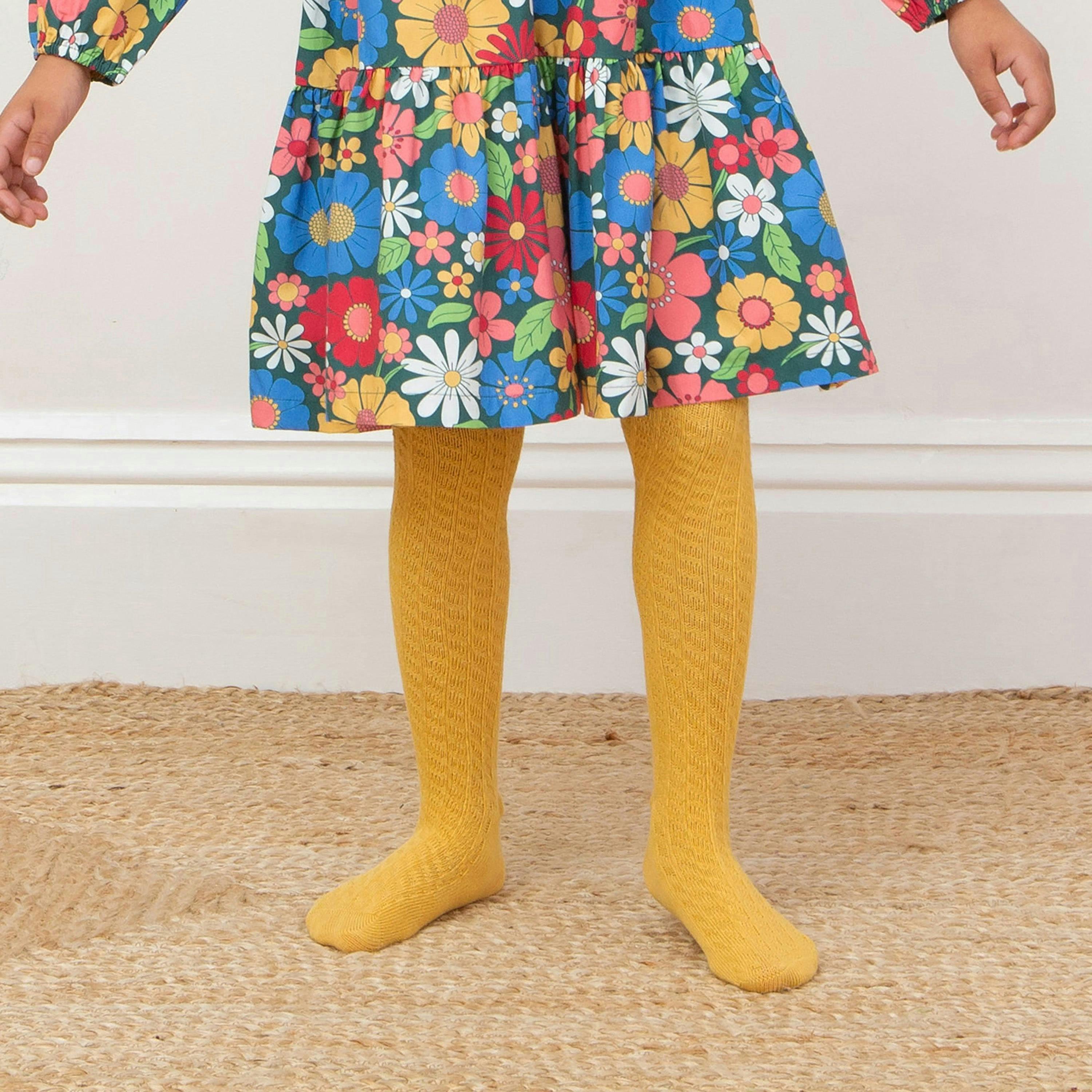 Kids Organic Cable Tights Ochre , view 2 of 4