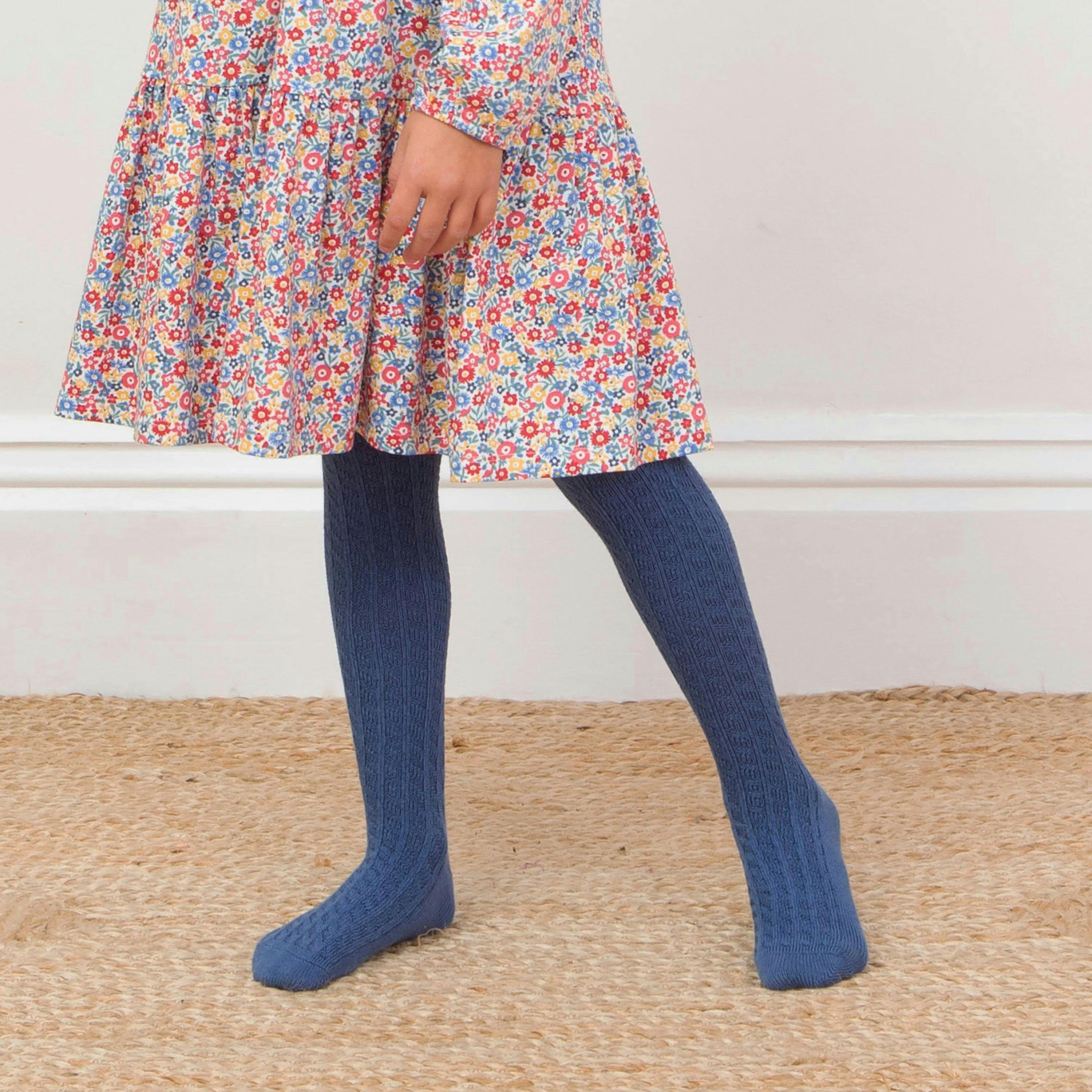 Kids Organic Cable Tights Navy , view 2 of 4