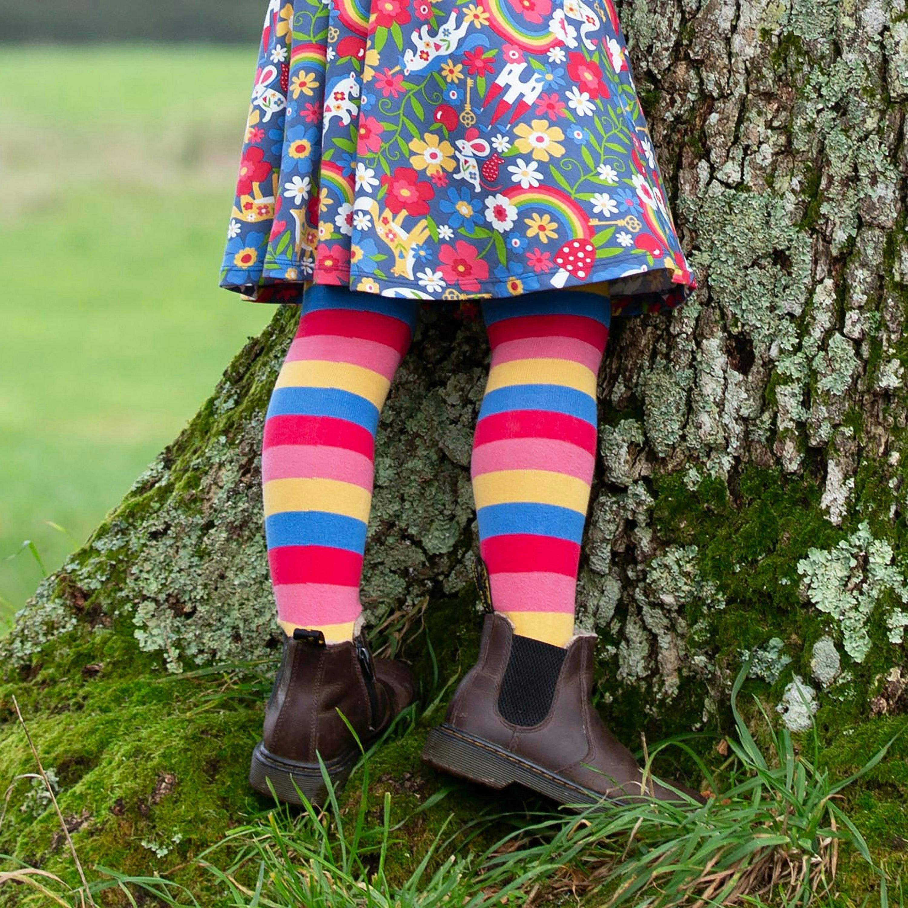 Kids Organic Stripy Tights Rose Pink , view 2 of 4