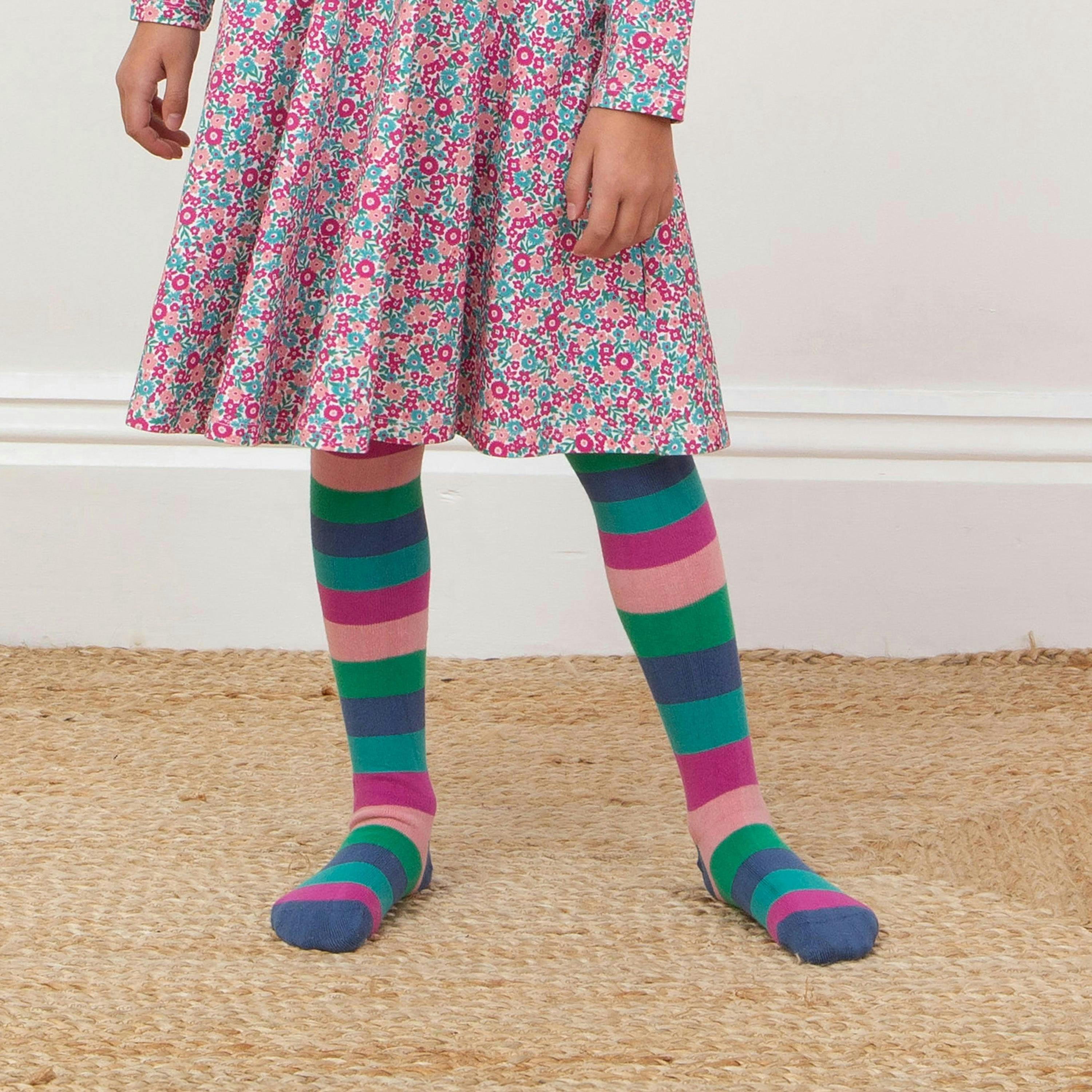 Kids Organic Stripy Tights Teal , view 2 of 4