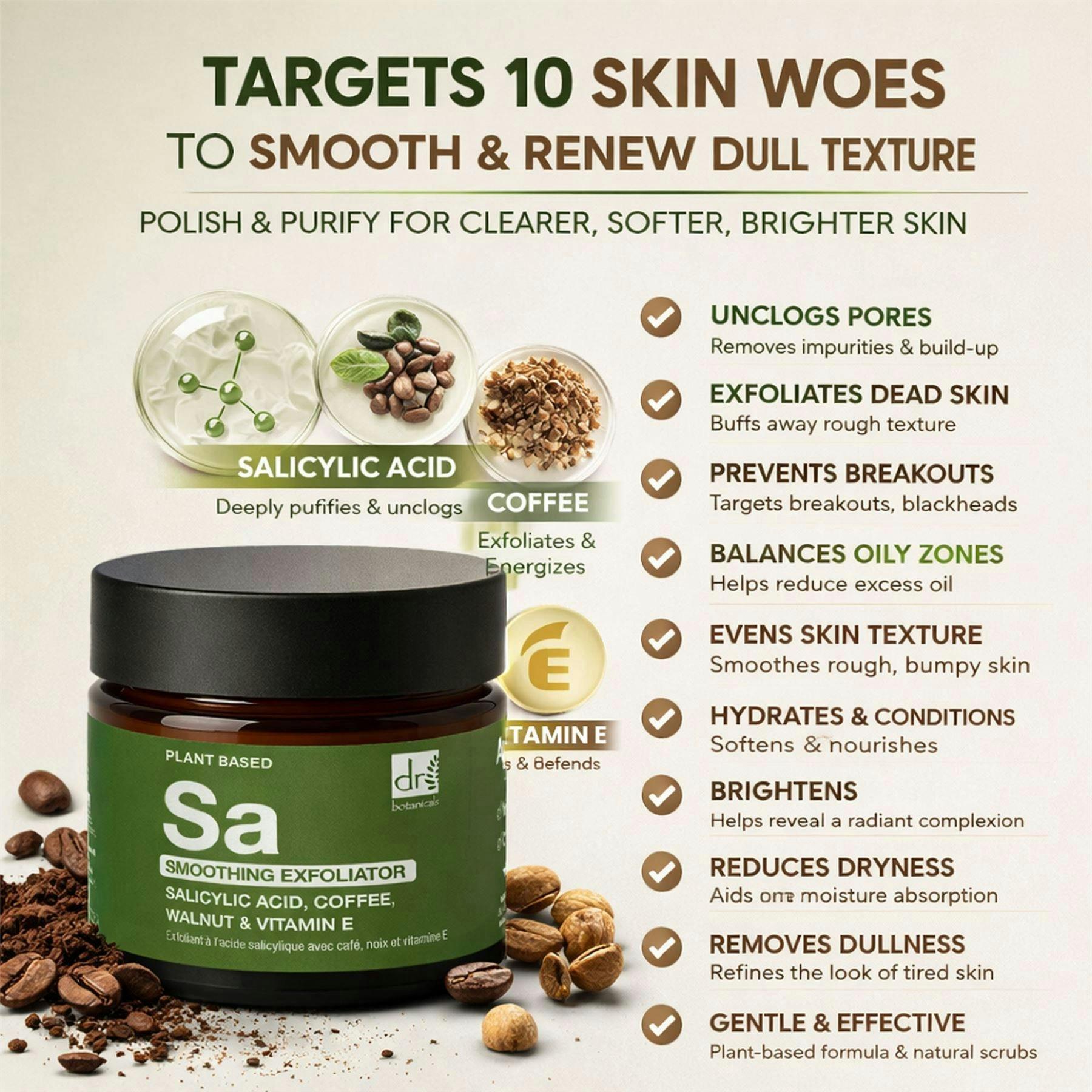 Dr. Botanicals Smoothing Exfoliator with Salicylic Acid with Coffee, Walnut & Vitamin E 60ml , view 5 of 6