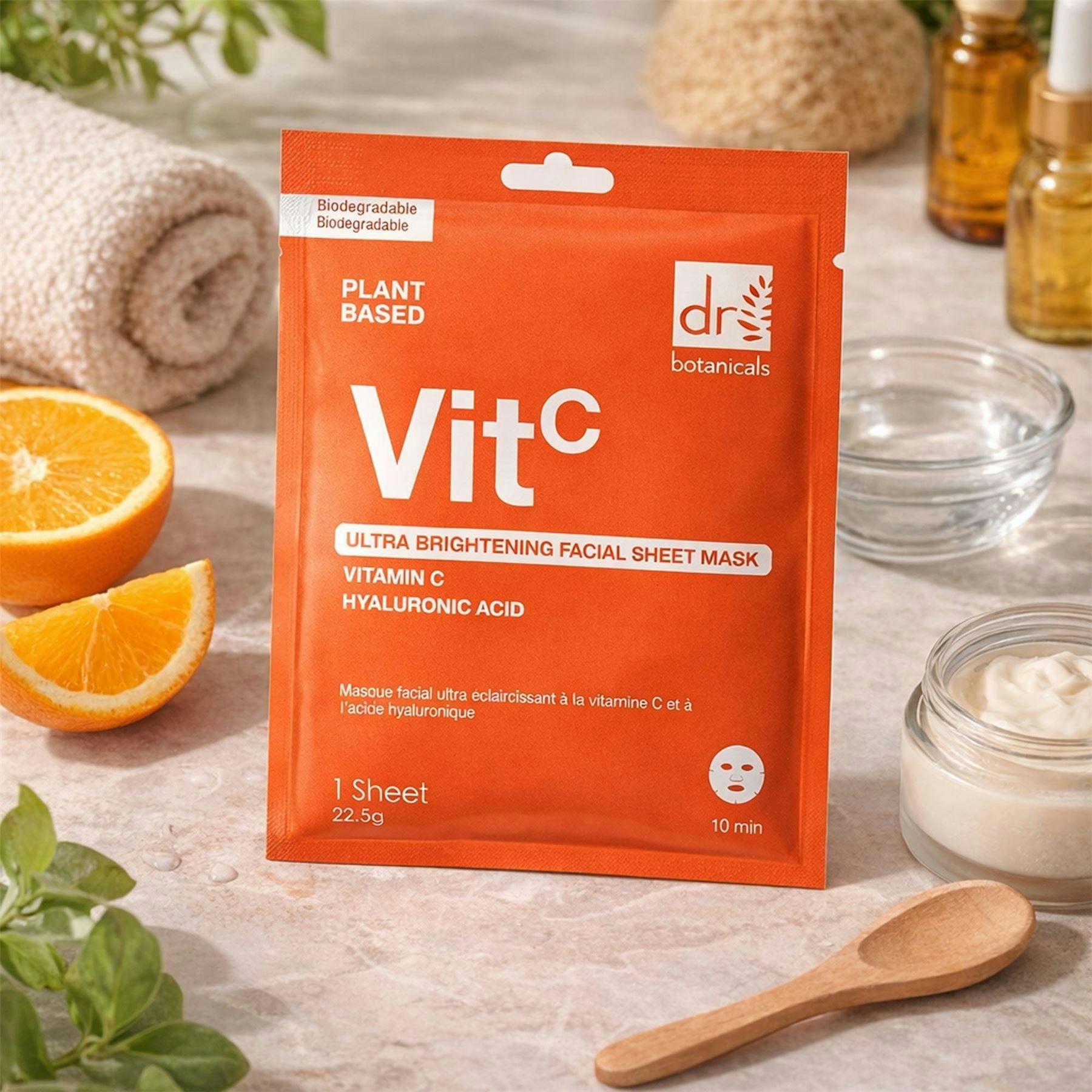 Dr. Botanicals Ultra Brightening Anti-Ageing Facial Mask with Vitamin C and Hyaluronic Acid Pack of 10 , view 2 of 6
