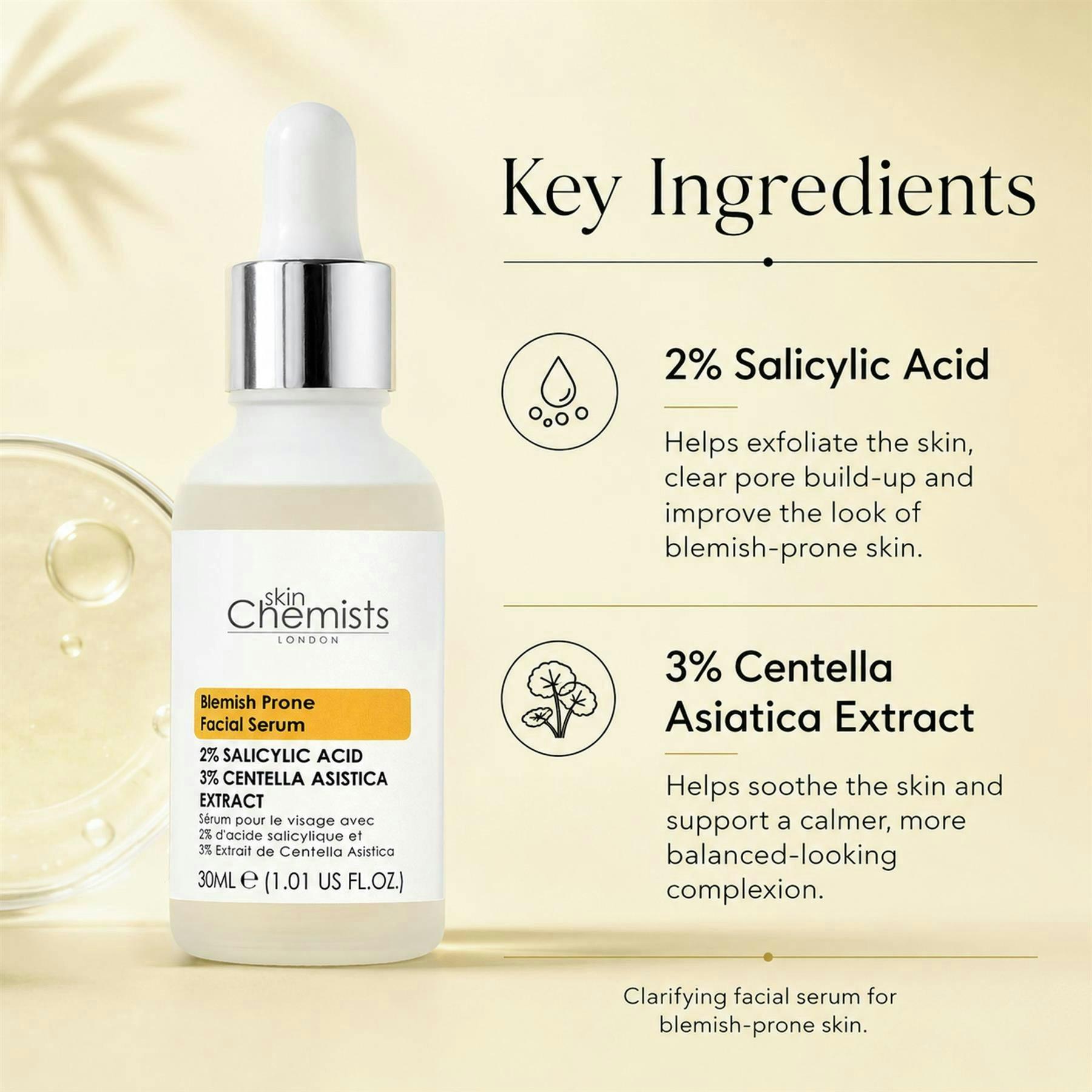 skinChemists Blemish Prone 2% Salicylic Acid, 3% Centella Asiatica Facial Serum 30ml , view 3 of 6