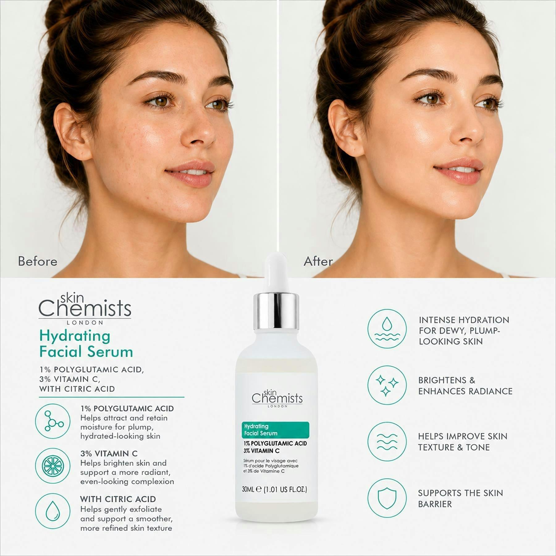 skinChemists Hydrating Polyglutamic Acid 1%, Vitamin C 3% Facial Serum 30ml , view 2 of 6