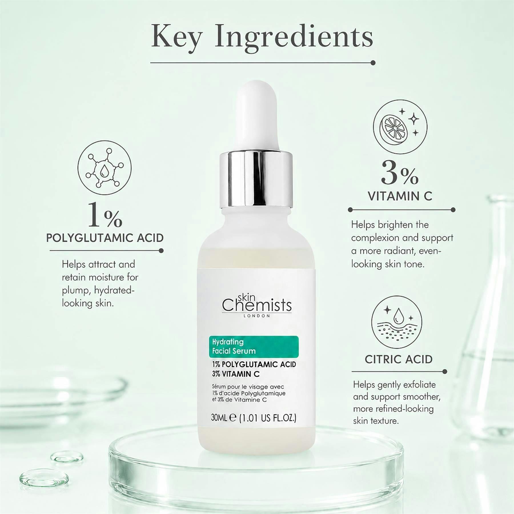 skinChemists Hydrating Polyglutamic Acid 1%, Vitamin C 3% Facial Serum 30ml , view 3 of 6