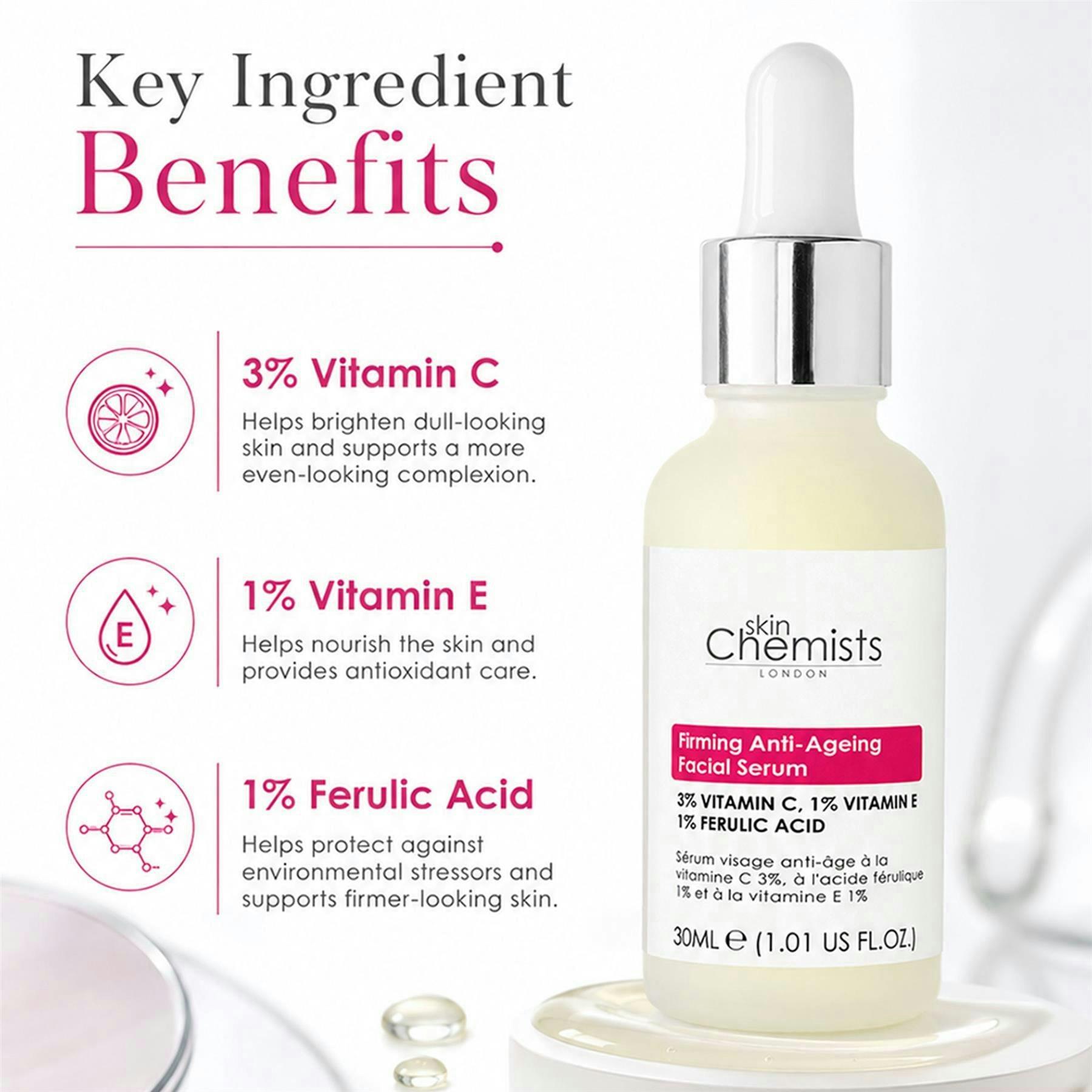 skinChemists Anti-Ageing Vitamin C 3%, Ferulic Acid 1%, Vitamin E 1% Facial Serum 30ml , view 4 of 6