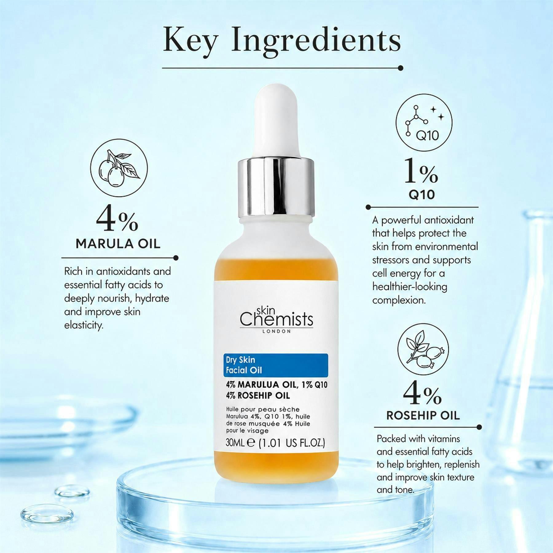 skinChemists Dry Skin Marula Oil 4%, Q10 1%, Rosehip Oil 4% Anti-Ageing Facial Serum 30ml , view 2 of 6