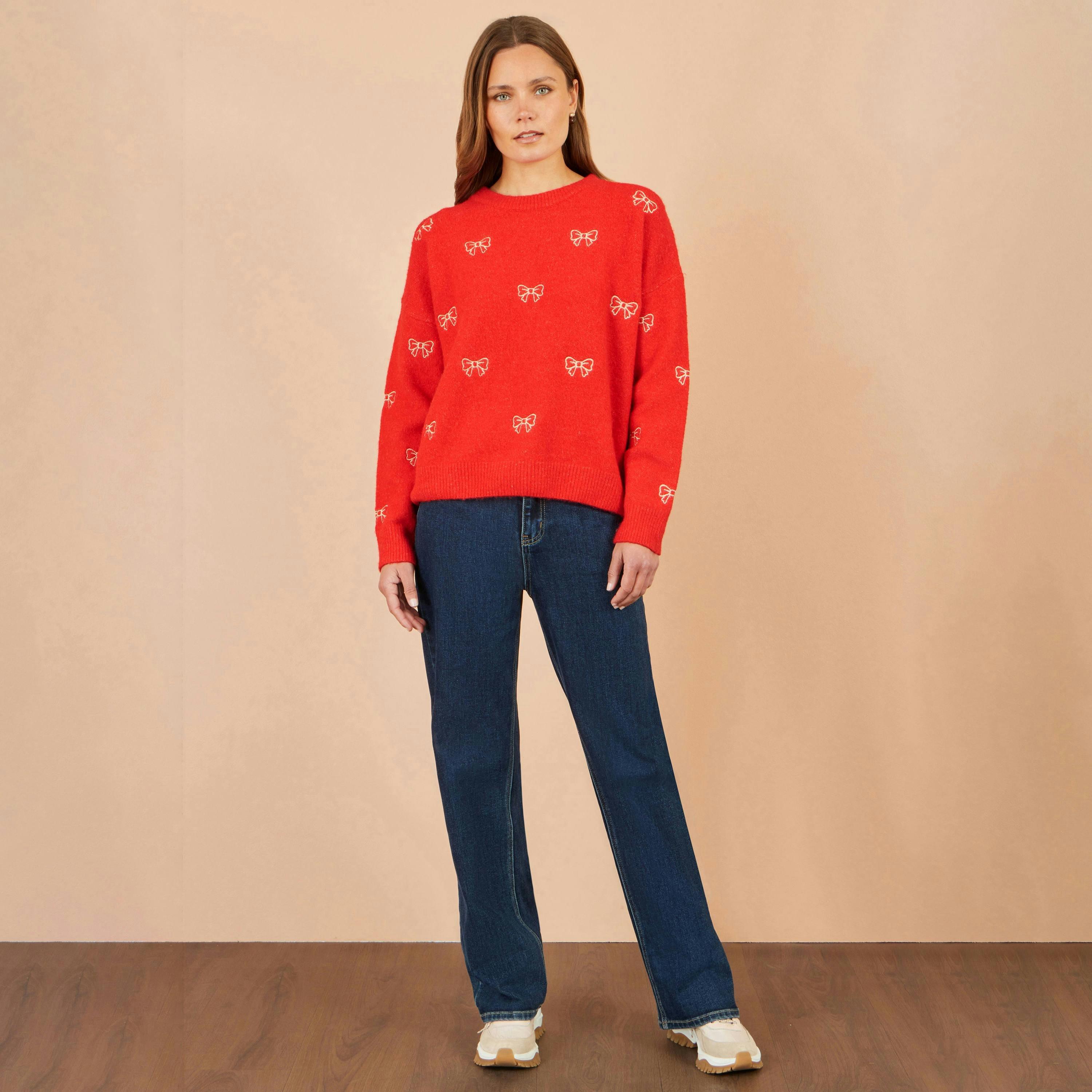 Yumi Red Embroidered Bow Relaxed Jumper , view 2 of 4