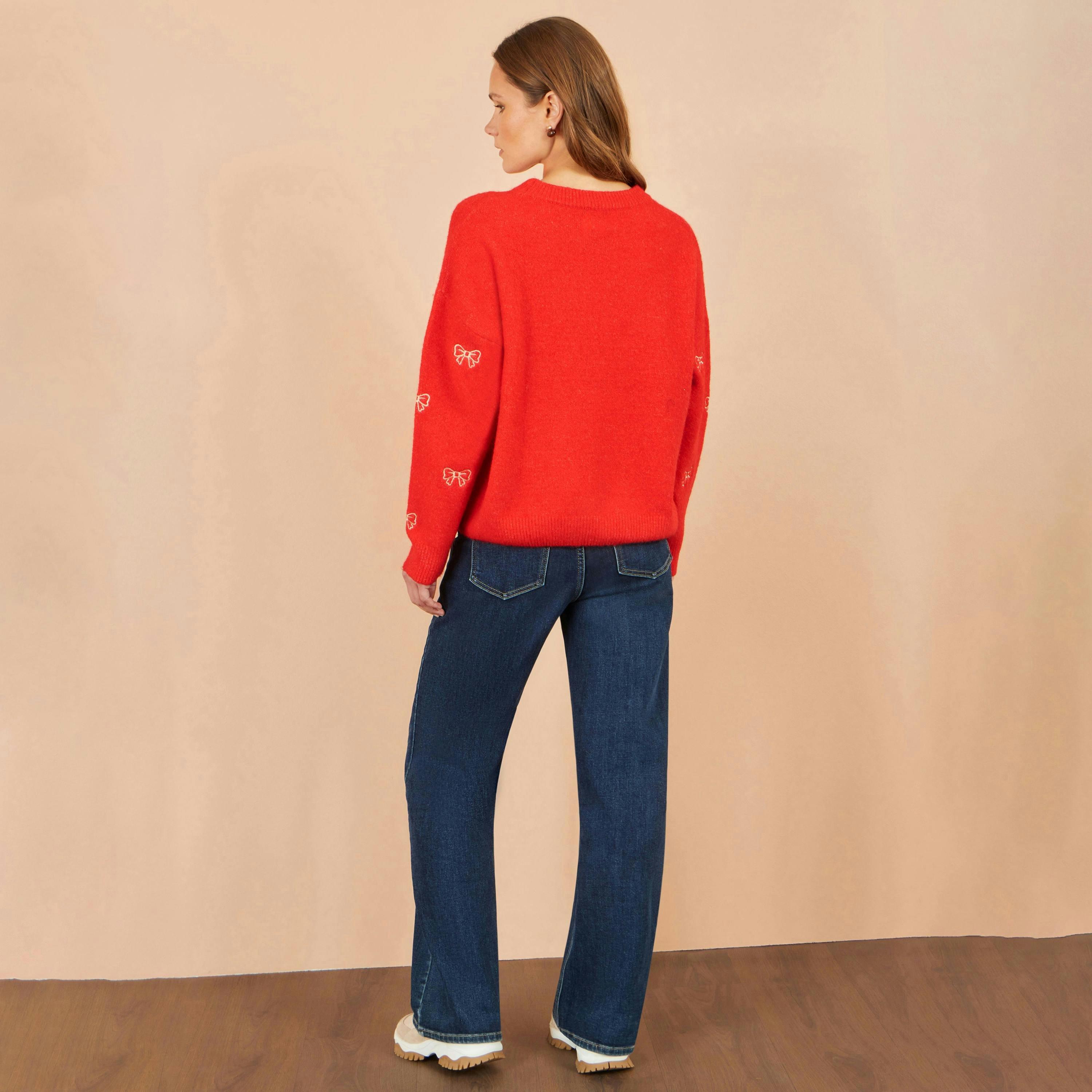 Yumi Red Embroidered Bow Relaxed Jumper , view 3 of 4