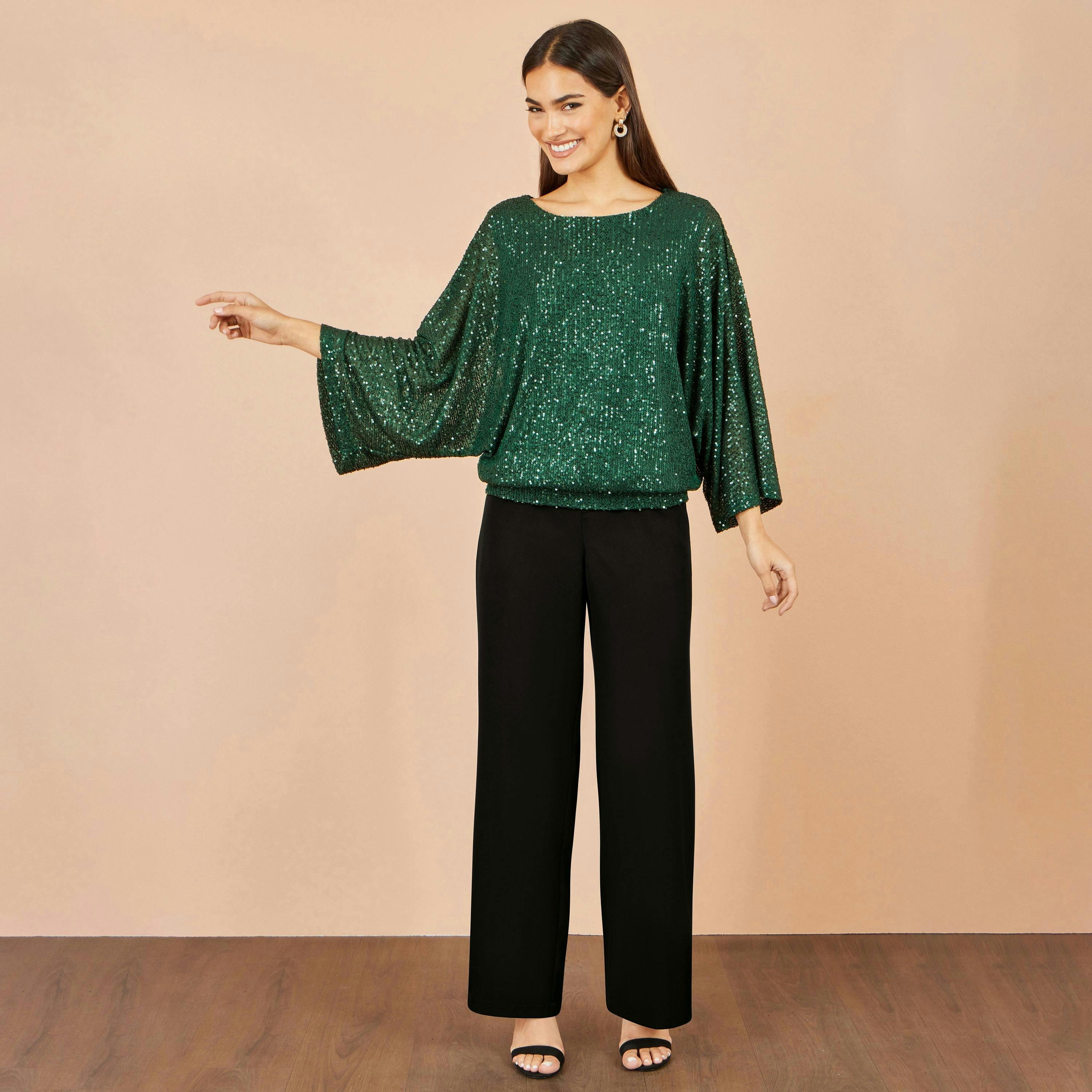 Yumi Green All Over Sequin Batwing Top , view 3 of 5