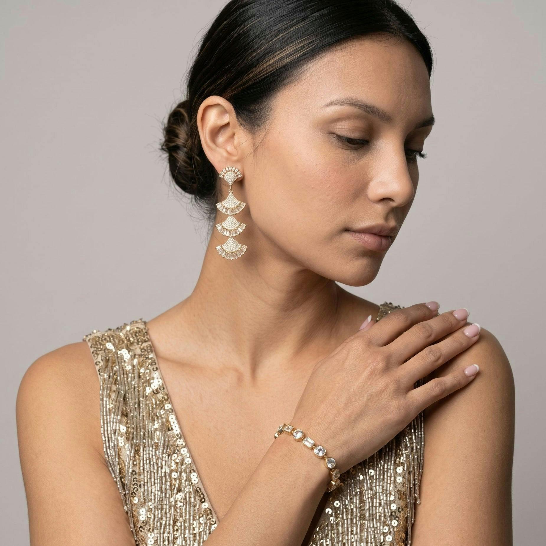 Gingko Rhinestone Layered Earrings , view 2 of 4
