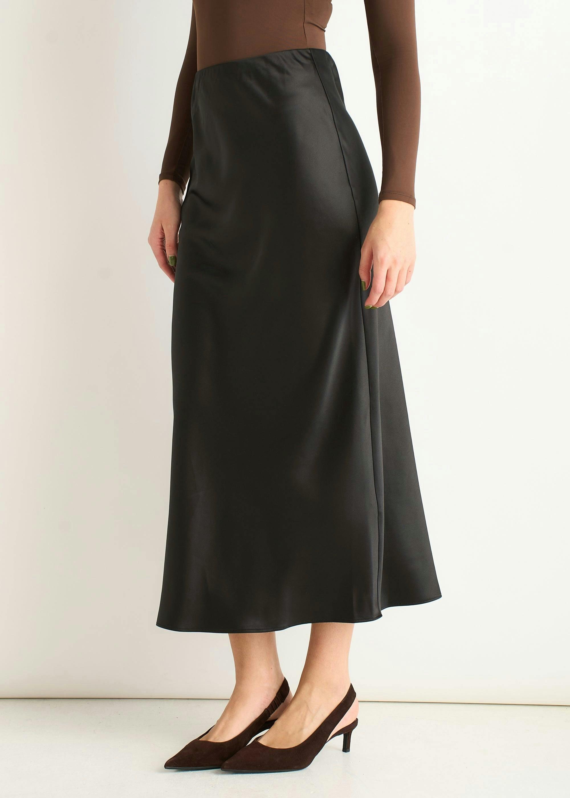 Black Satin Bias Cut Midi Skirt , view 3 of 4