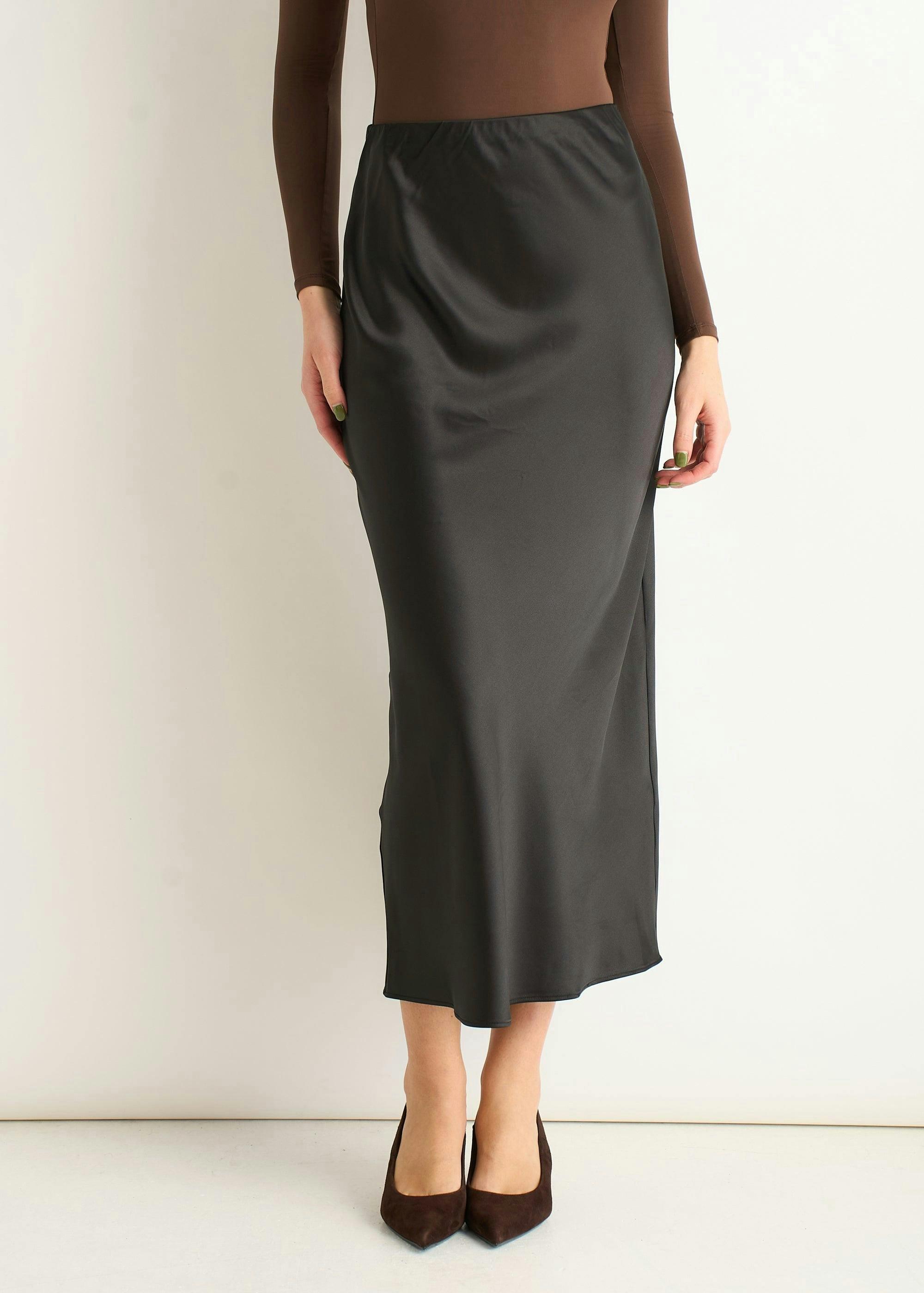 Black Satin Bias Cut Midi Skirt , view 4 of 4