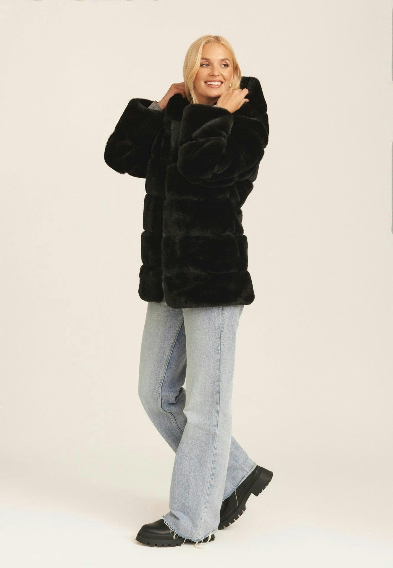 Black Horizontal Cut Fur Hooded Jacket , view 2 of 4