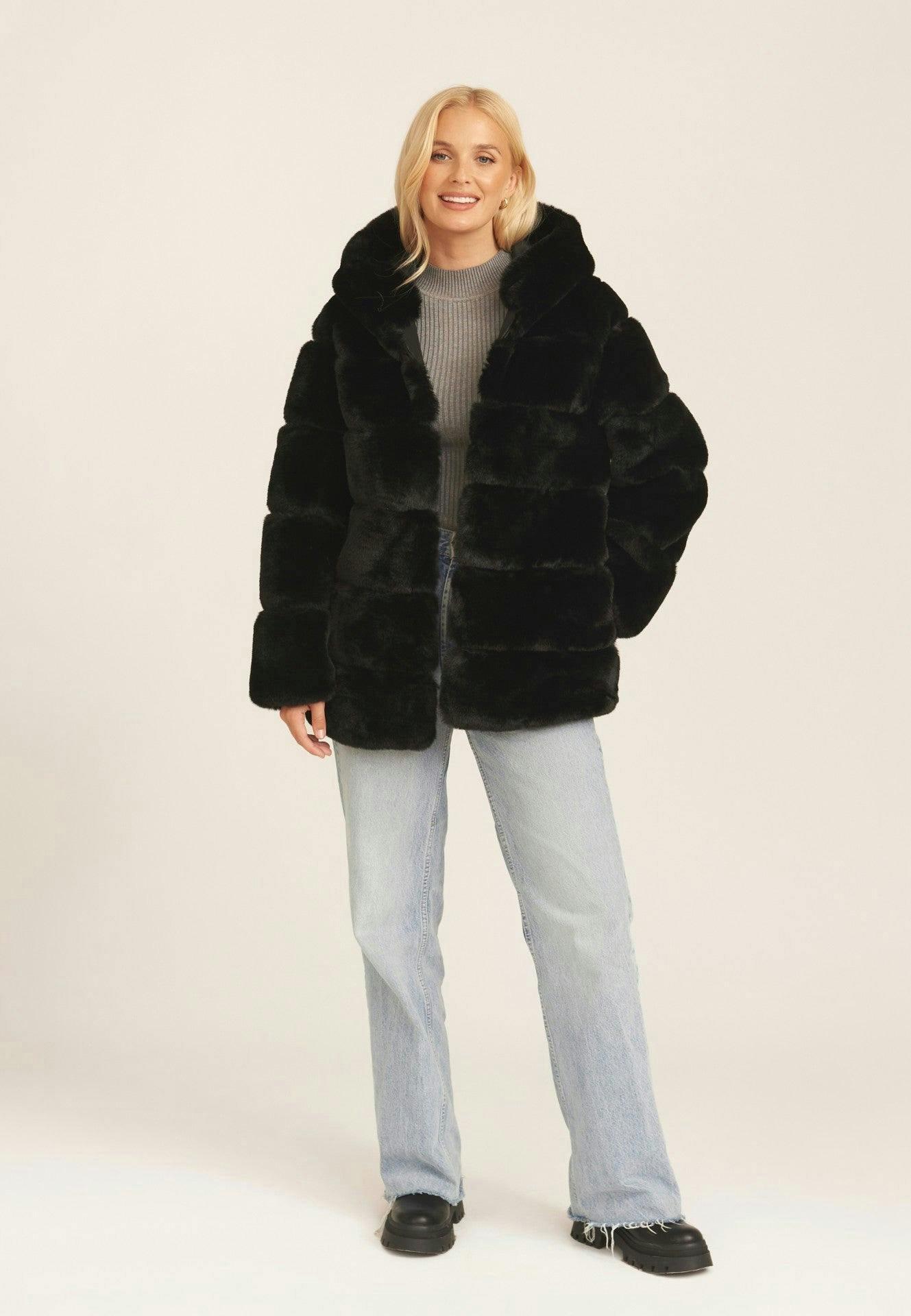 Black Horizontal Cut Fur Hooded Jacket , view 3 of 4