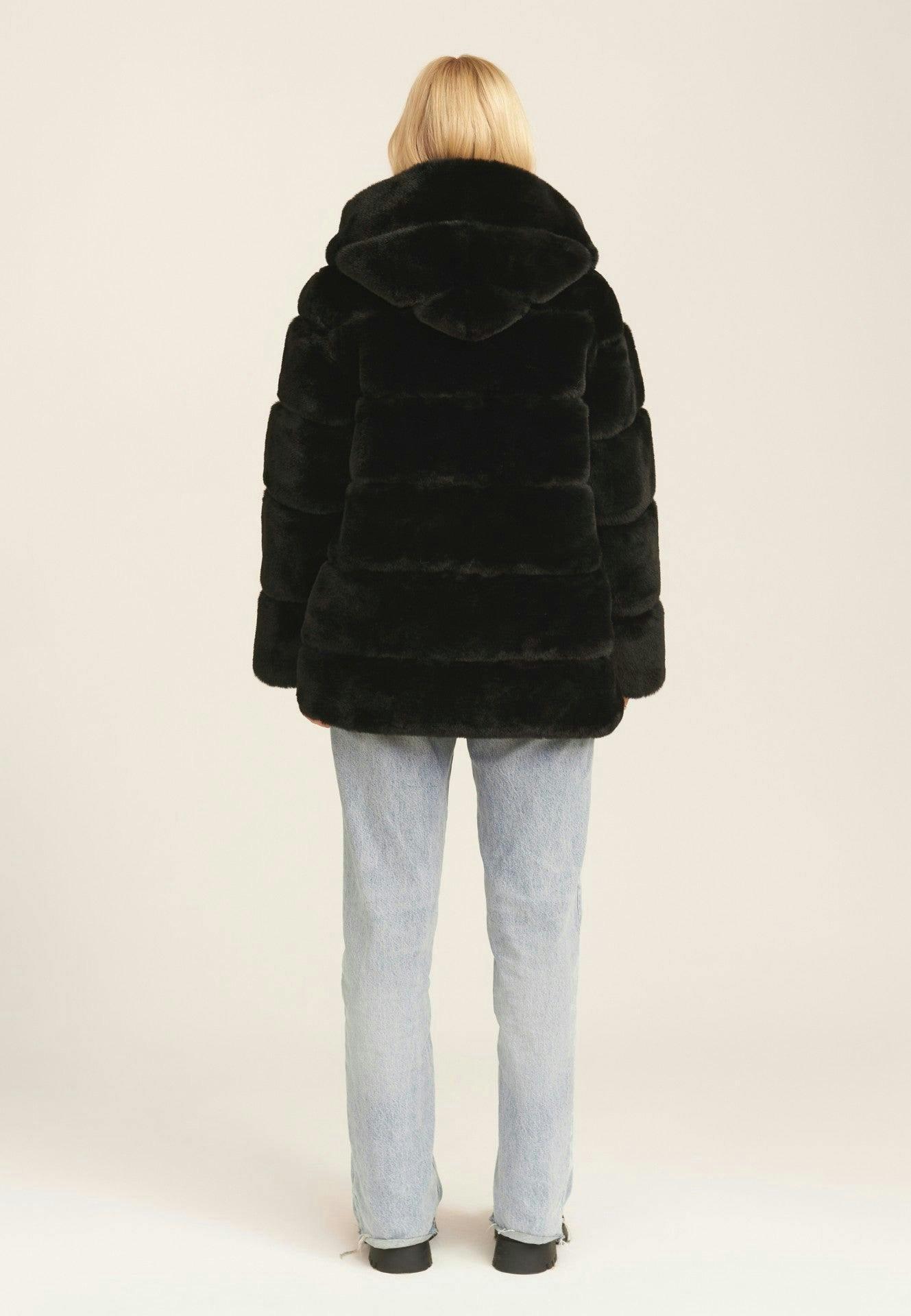 Black Horizontal Cut Fur Hooded Jacket , view 4 of 4