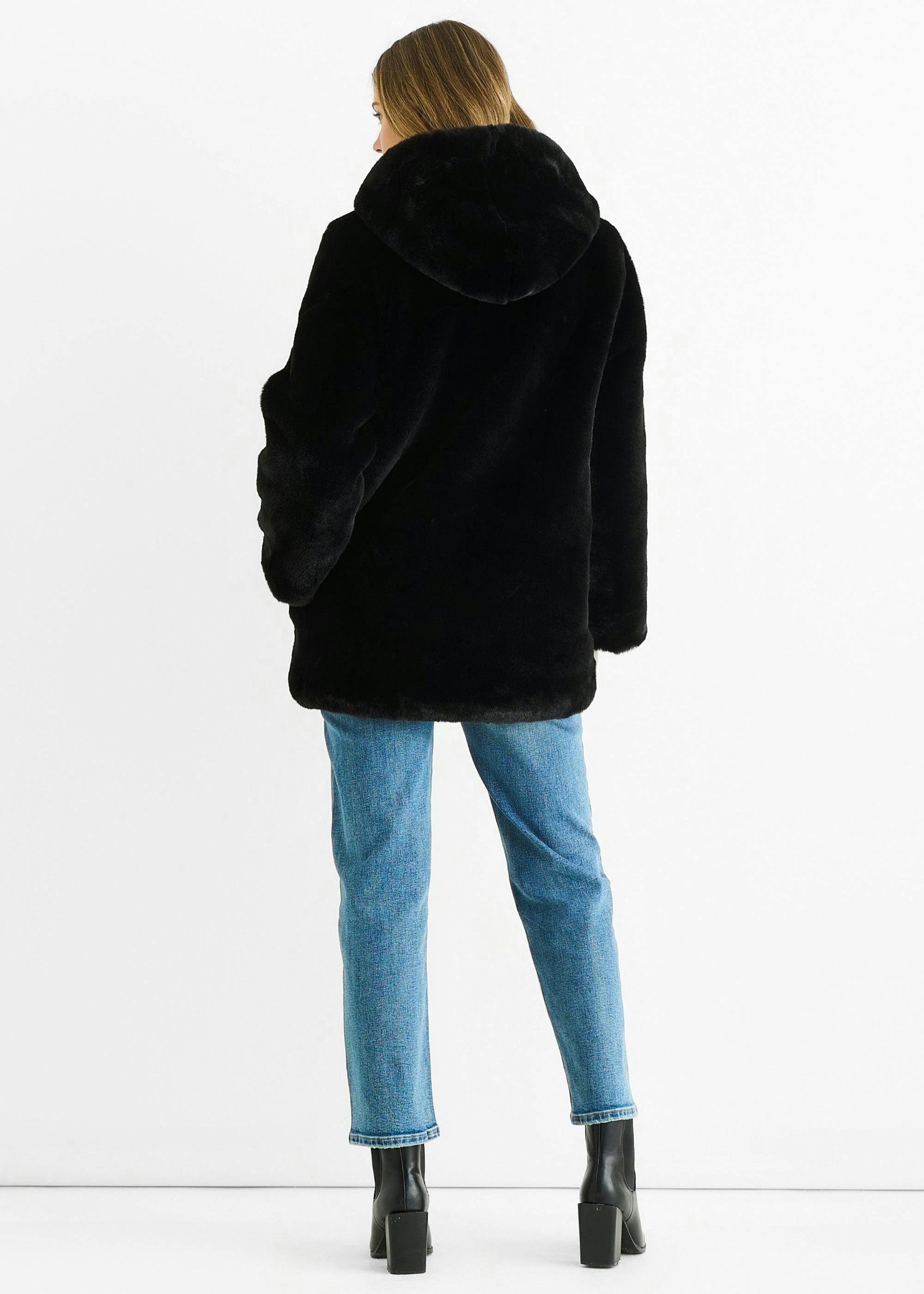 Black Hooded Long Sleeve Faux Fur Jacket , view 2 of 4