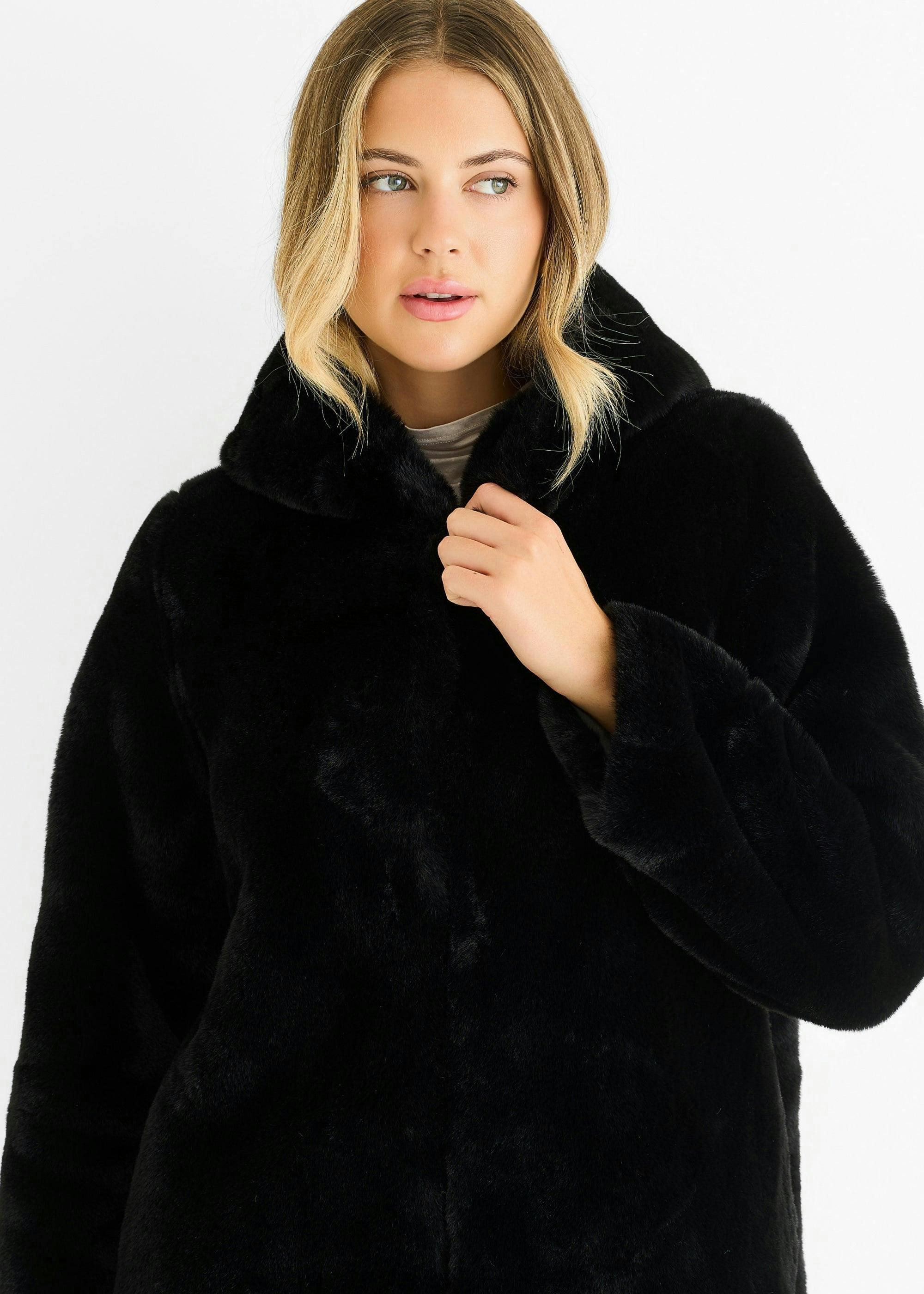 Black Hooded Long Sleeve Faux Fur Jacket , view 3 of 4