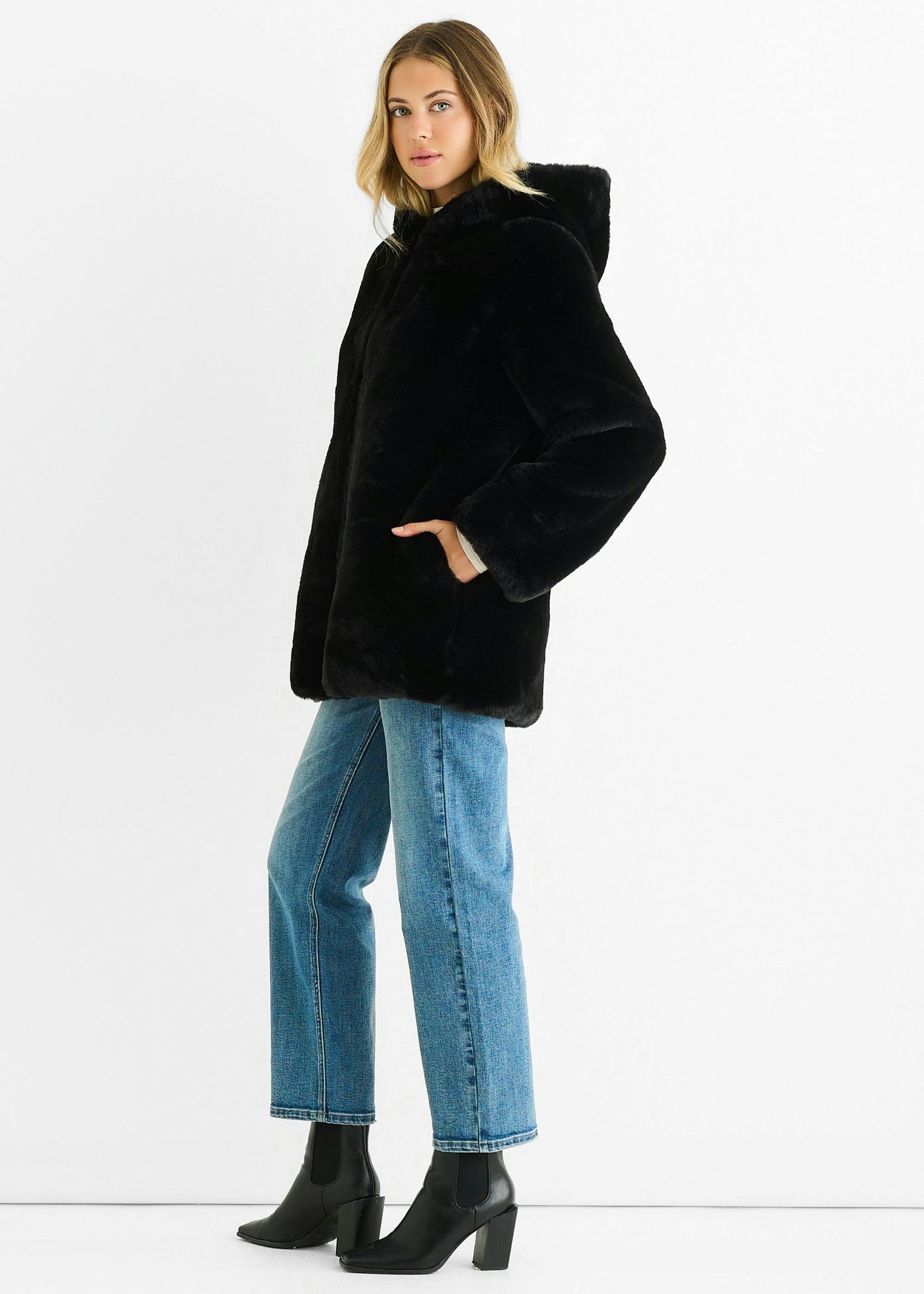 Black Hooded Long Sleeve Faux Fur Jacket , view 4 of 4