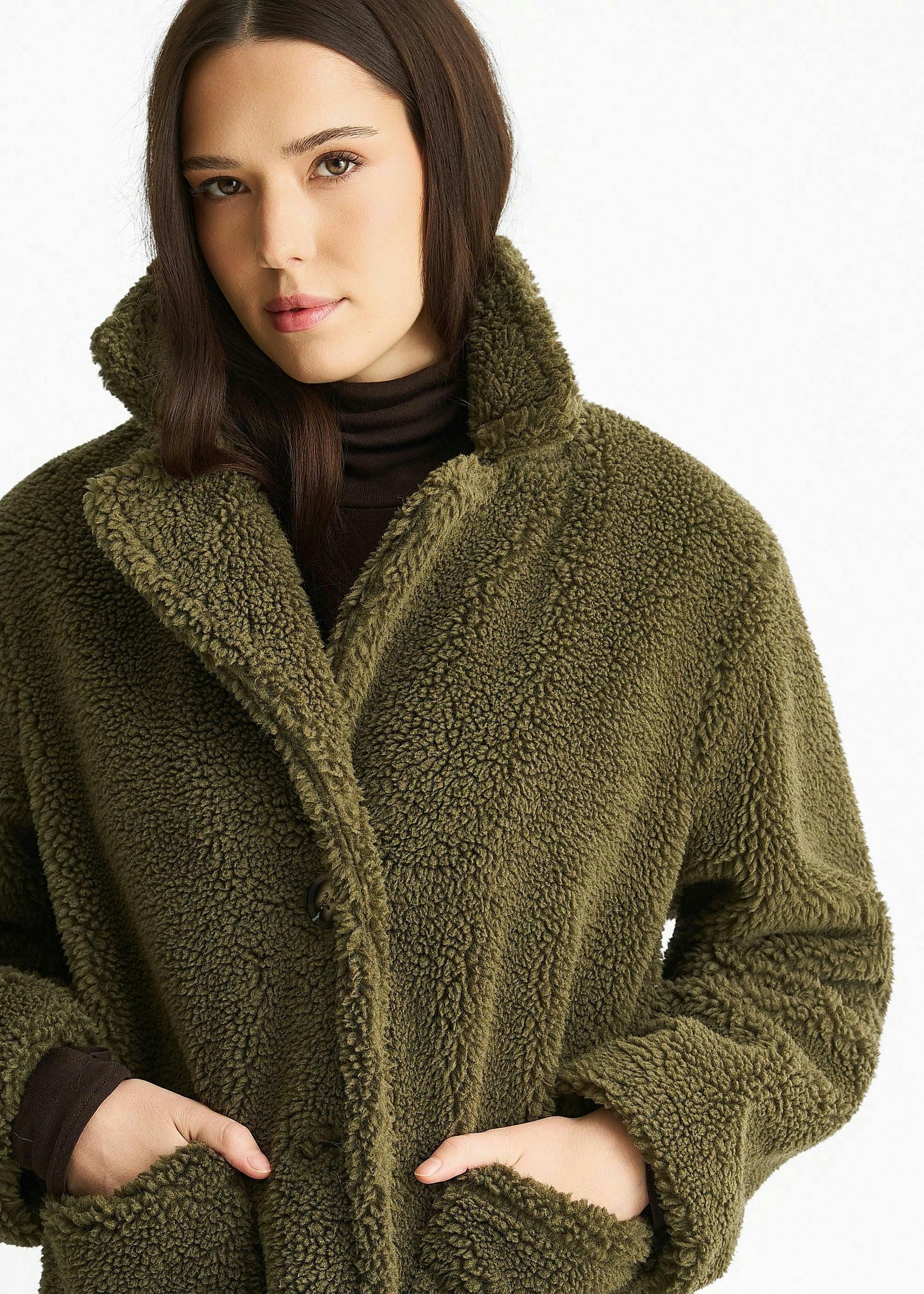 Khaki Faux Fur Longline Teddy Overcoat , view 3 of 4