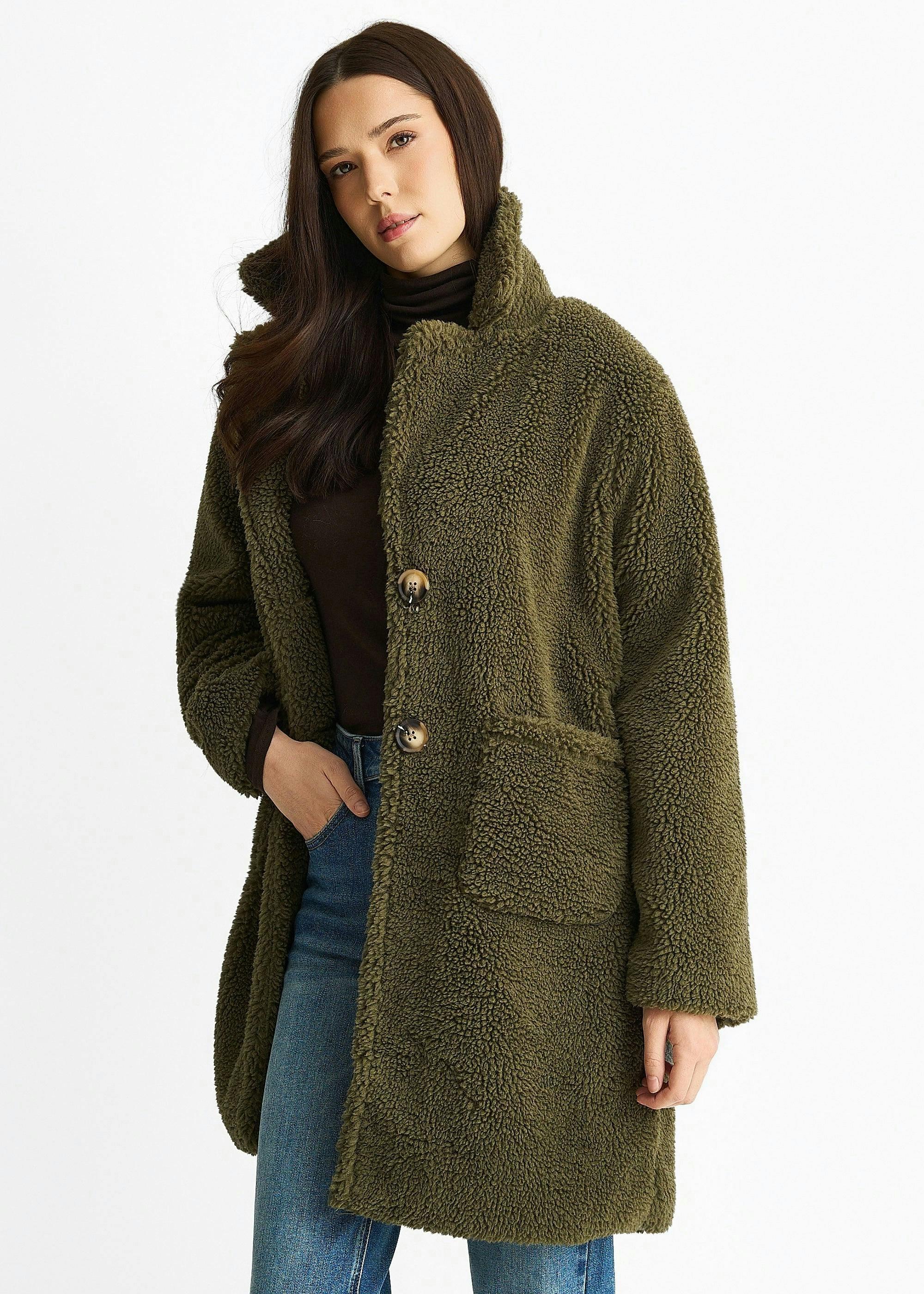 Khaki Faux Fur Longline Teddy Overcoat , view 4 of 4