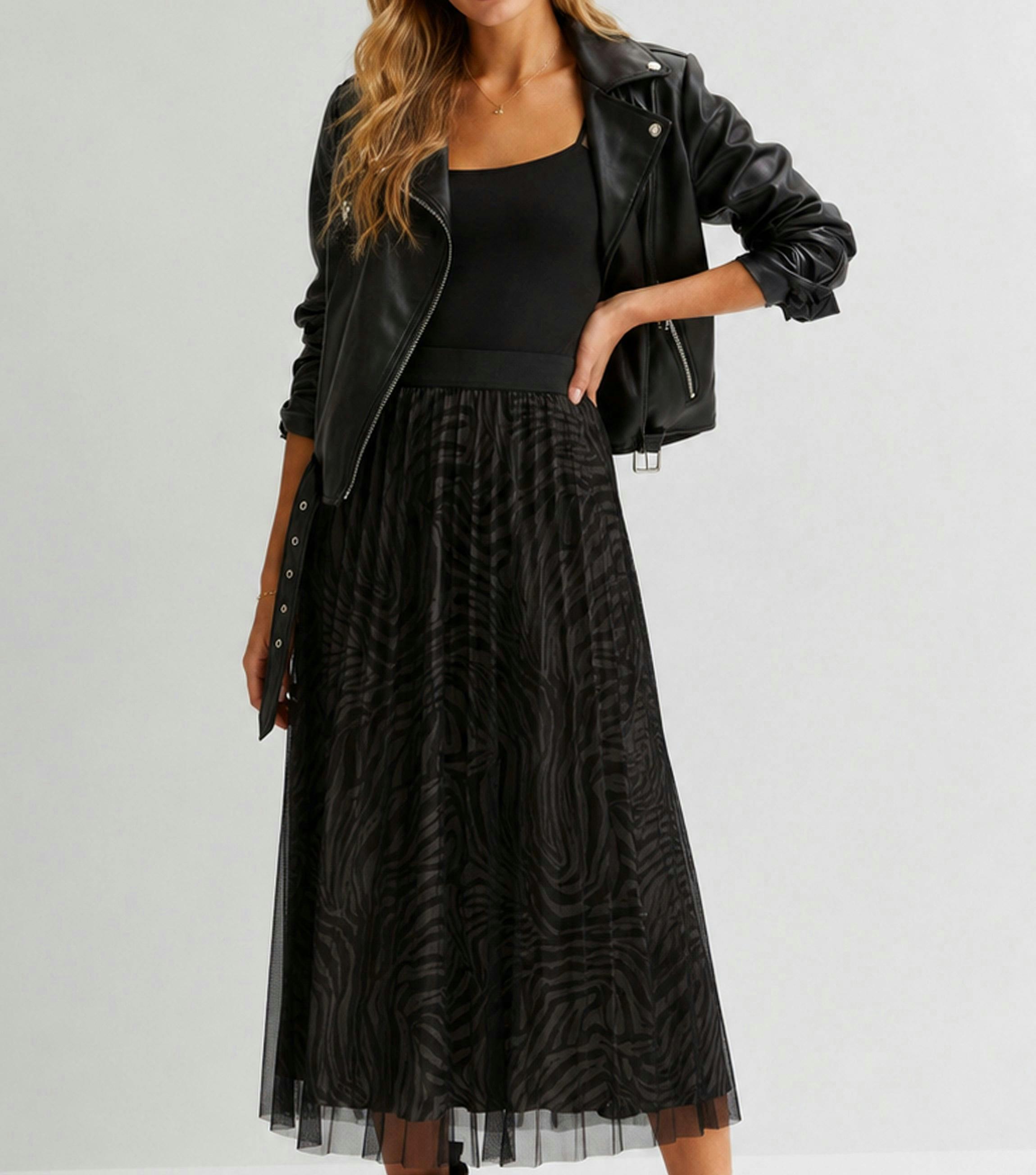 Black Animal Print Mesh Overlay Pleated Midi Skirt , view 2 of 4