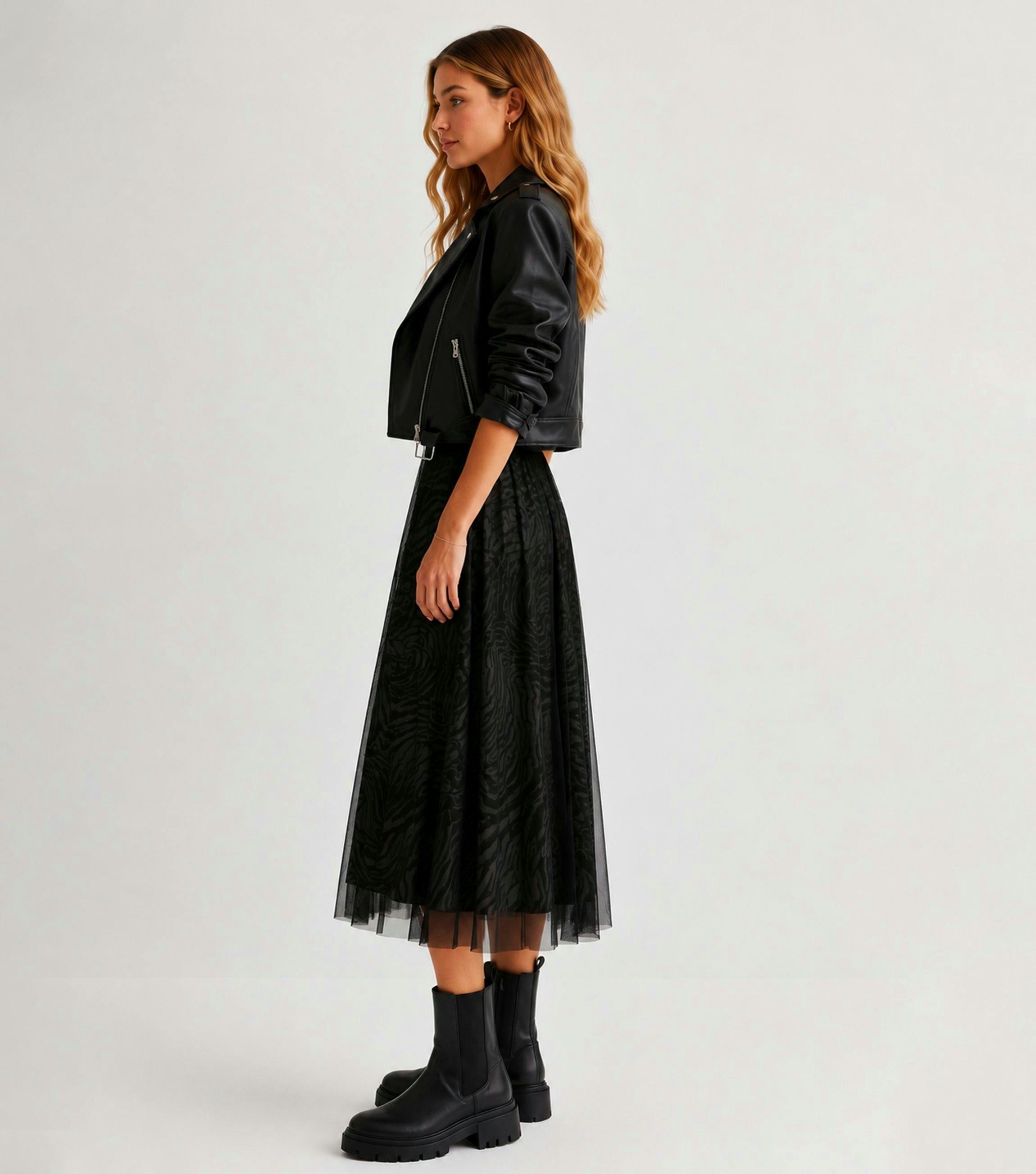 Black Animal Print Mesh Overlay Pleated Midi Skirt , view 4 of 4