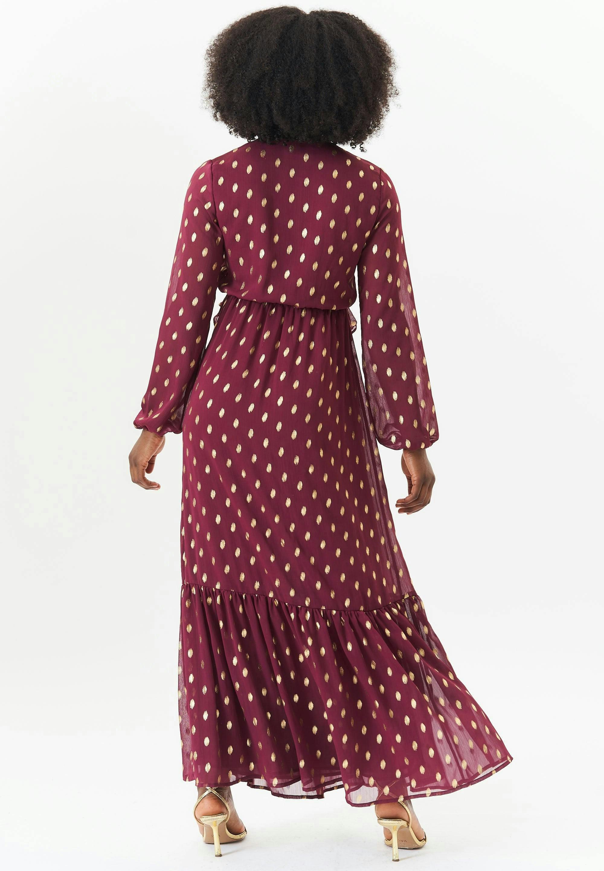 Burgundy Foil Print Ruffle Midi Dress , view 2 of 4