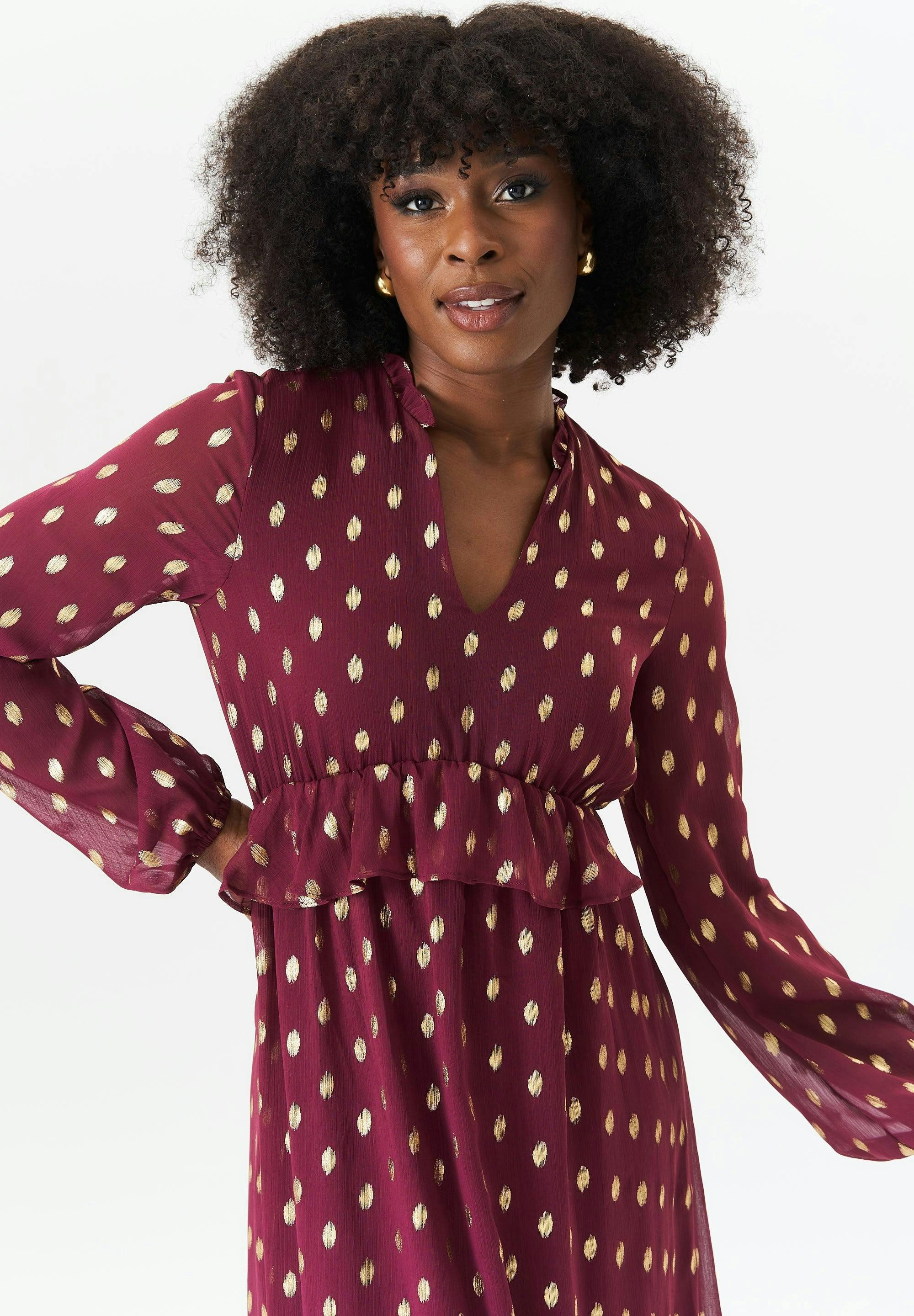Burgundy Foil Print Ruffle Midi Dress , view 3 of 4