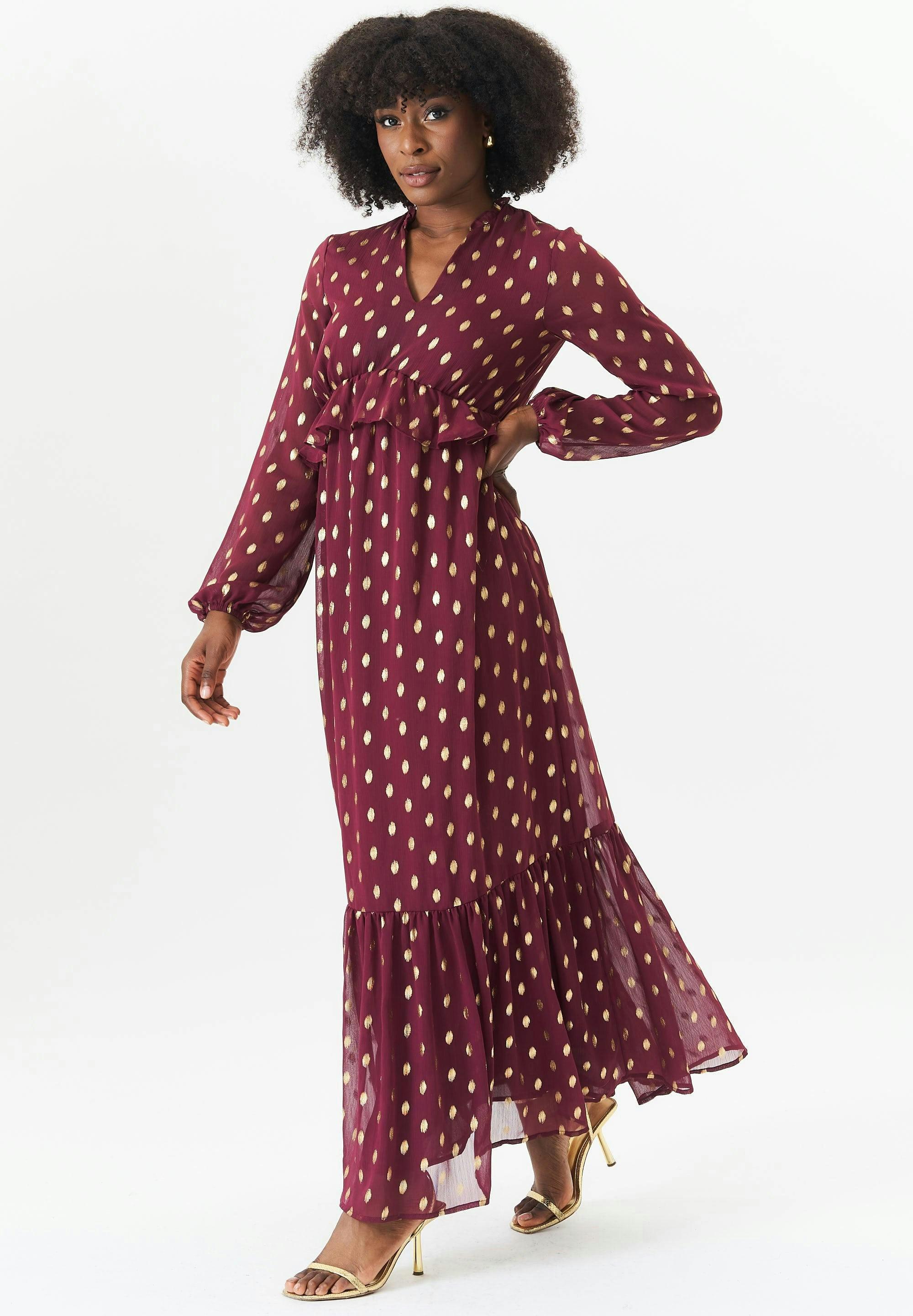 Burgundy Foil Print Ruffle Midi Dress , view 4 of 4