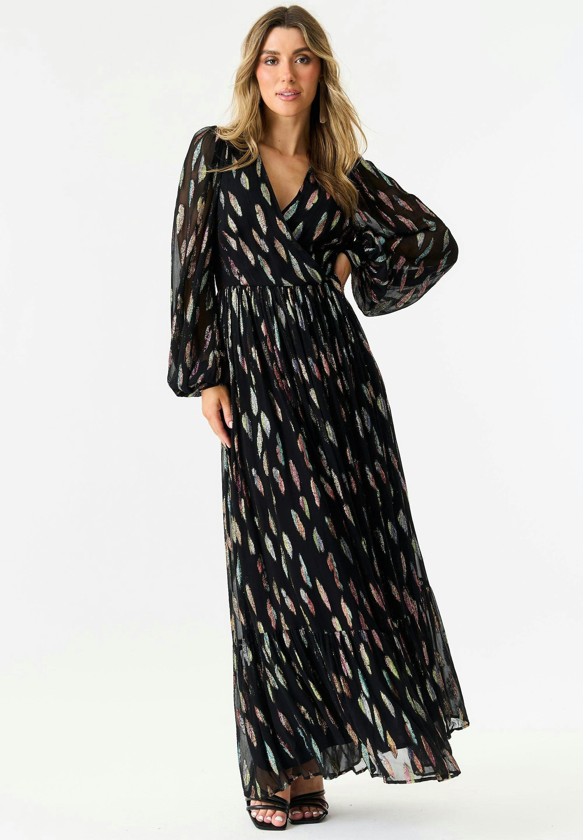 Black Metallic Print Full Sleeve Maxi Dress , view 3 of 4