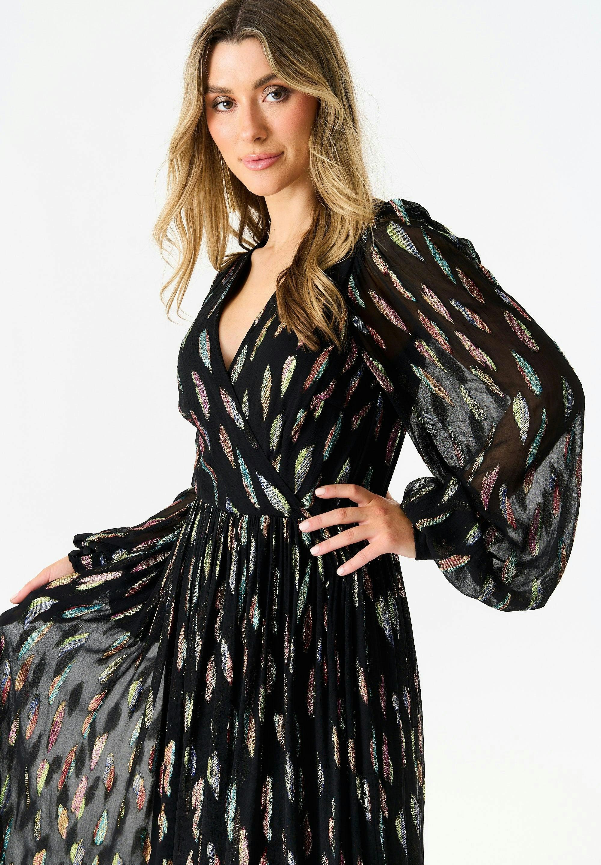 Black Metallic Print Full Sleeve Maxi Dress , view 4 of 4