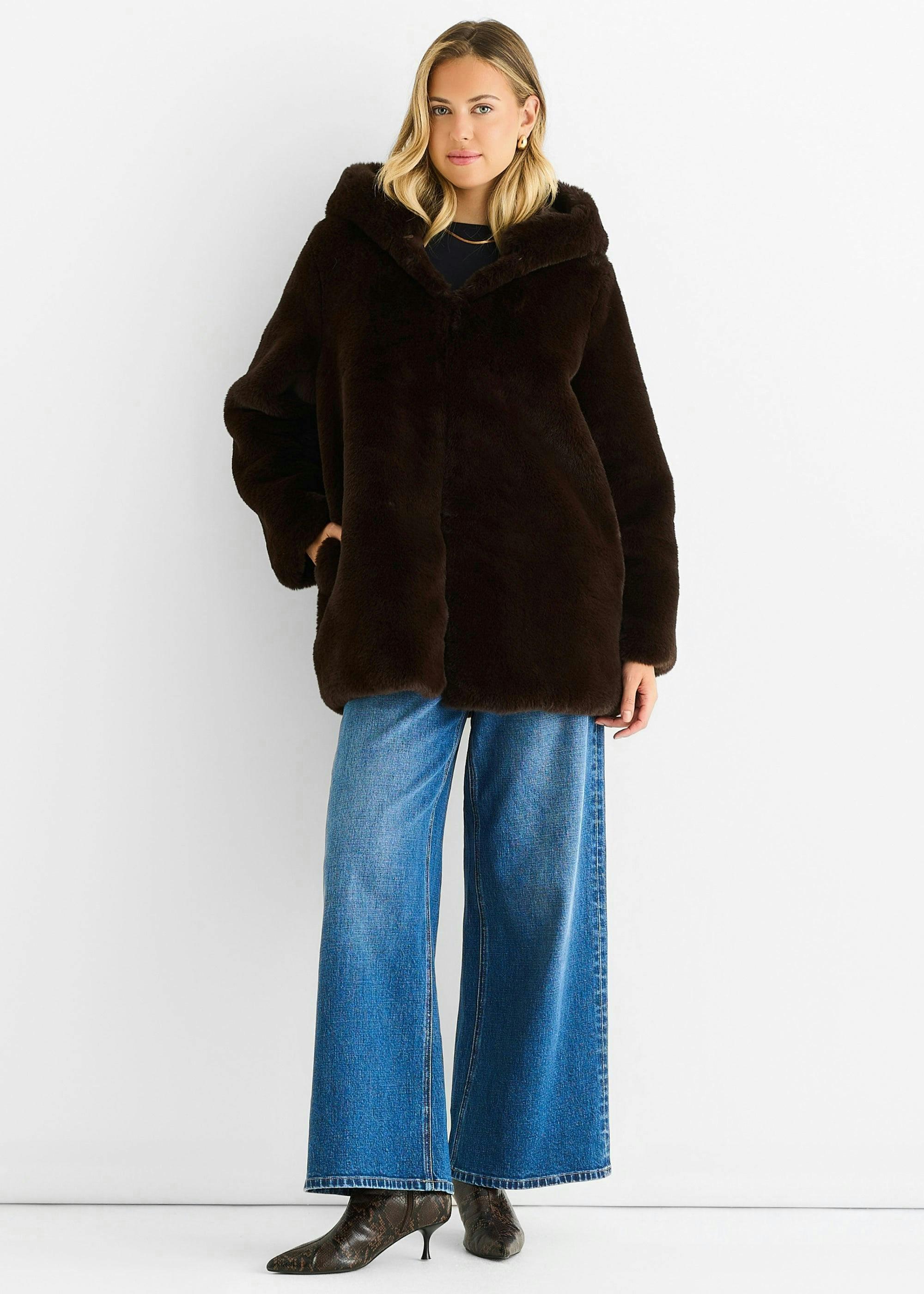 Chocolate Hooded Long Sleeve Faux Fur Jacket , view 2 of 4