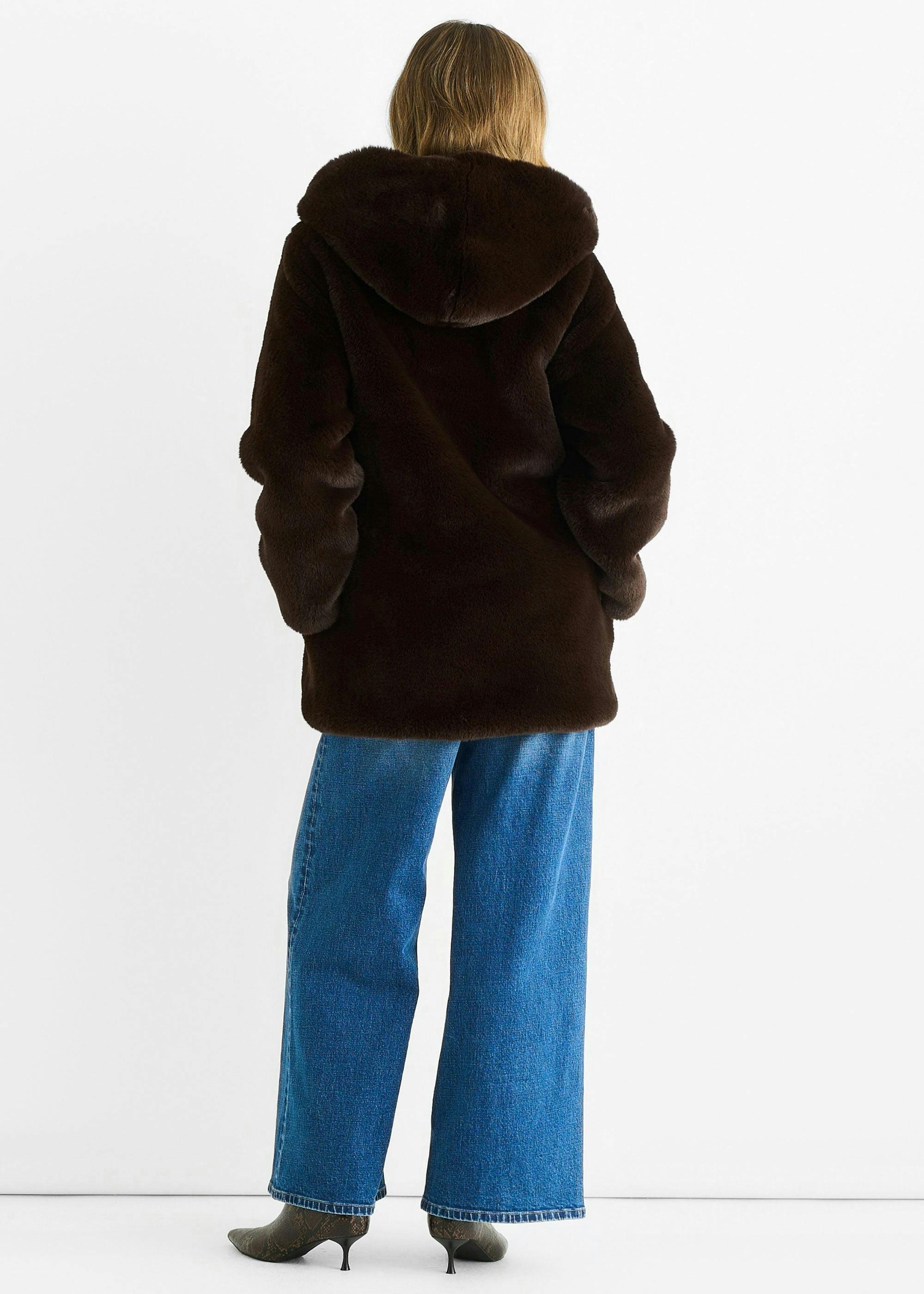 Chocolate Hooded Long Sleeve Faux Fur Jacket , view 3 of 4