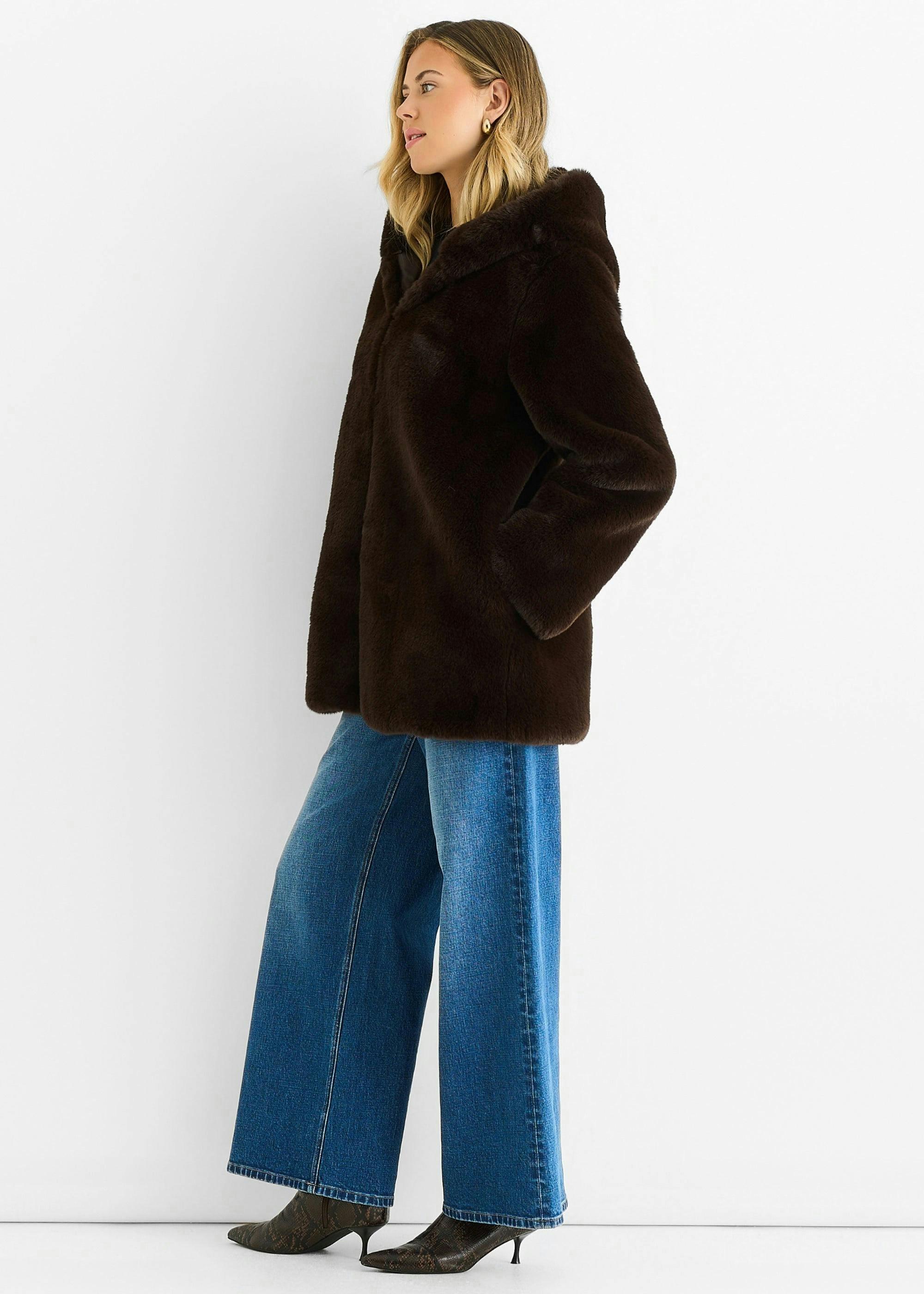 Chocolate Hooded Long Sleeve Faux Fur Jacket , view 4 of 4