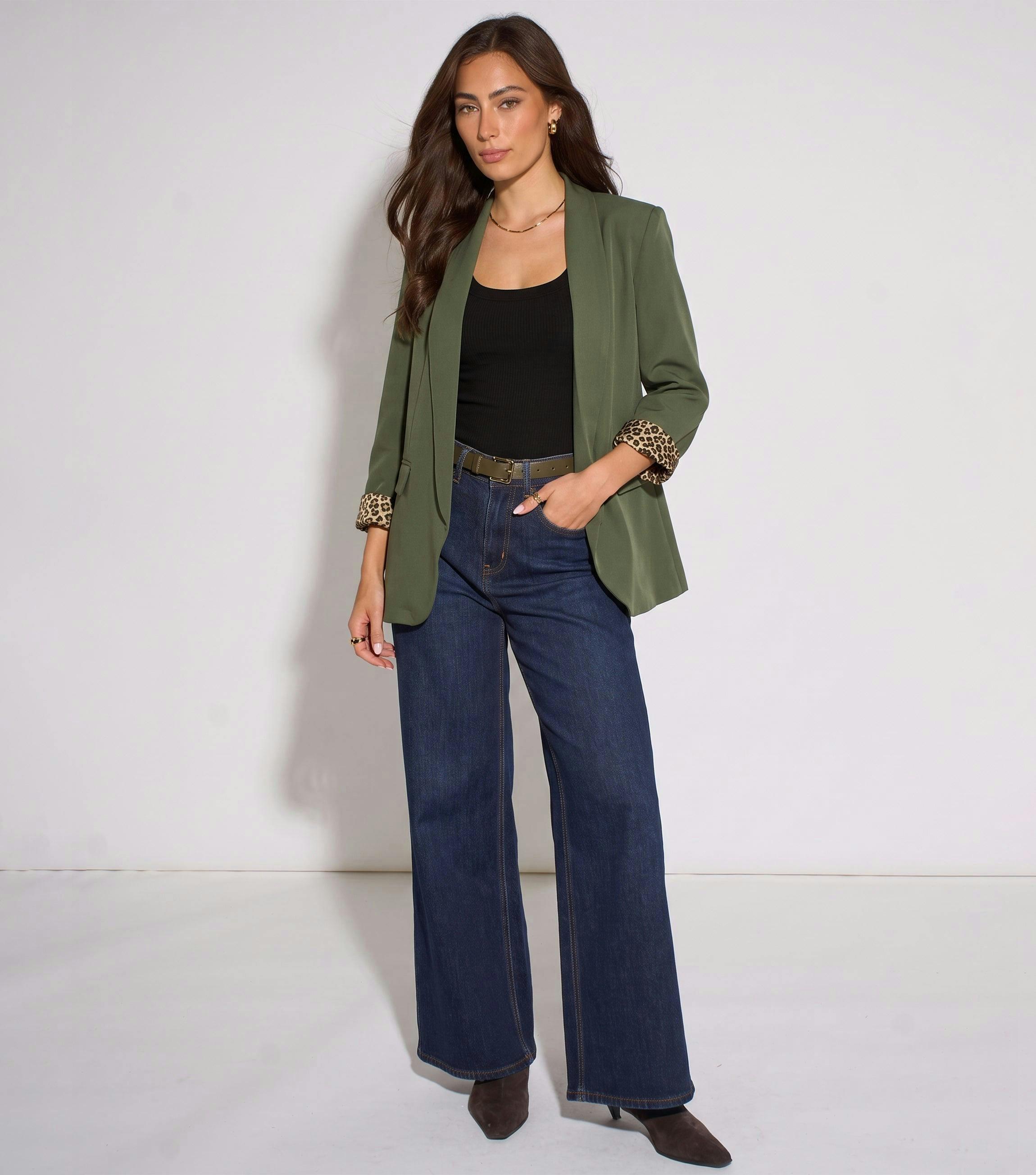 Khaki Contrast Animal Edge to Edge Blazer , view 3 of 4