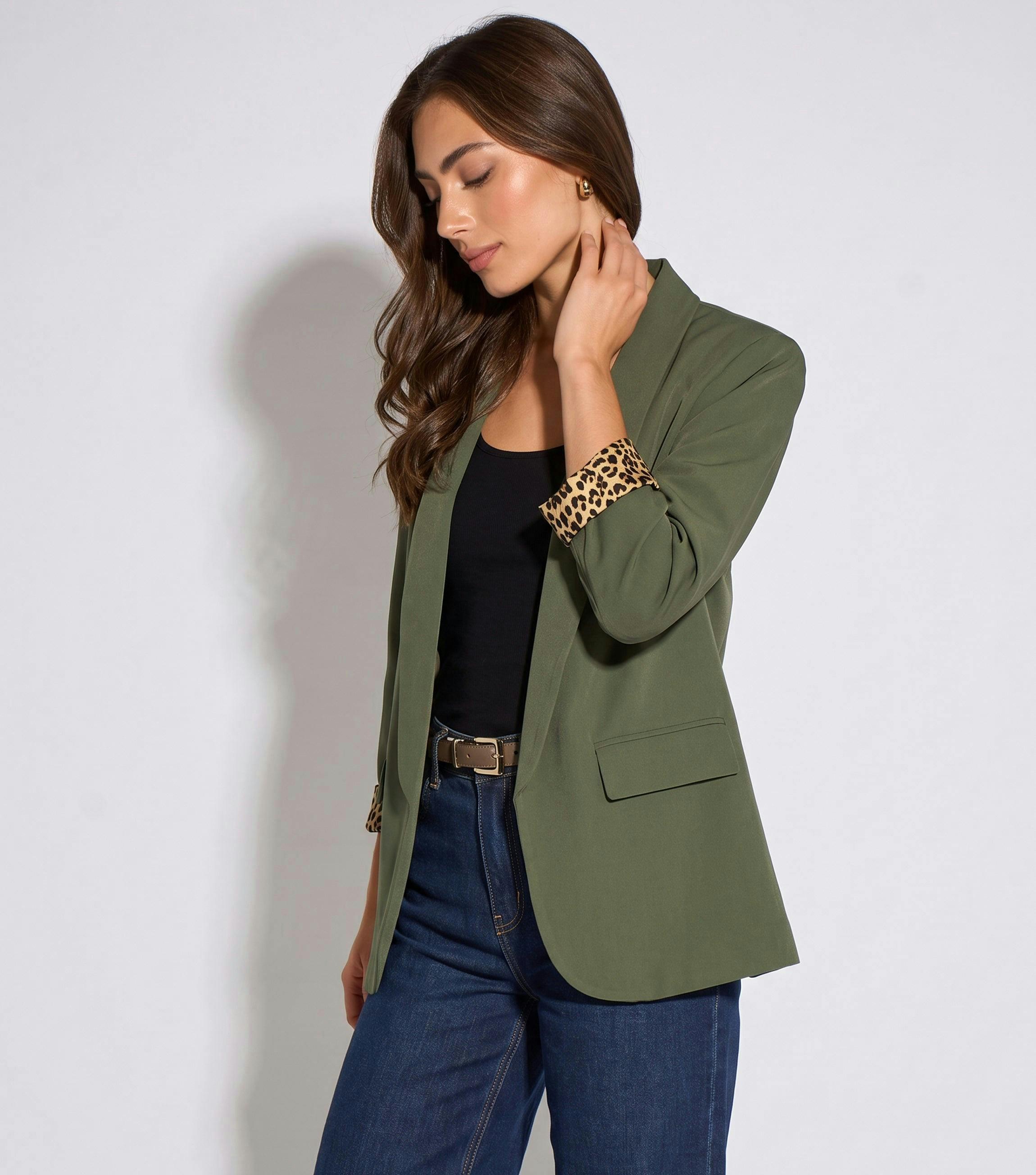 Khaki Contrast Animal Edge to Edge Blazer , view 4 of 4