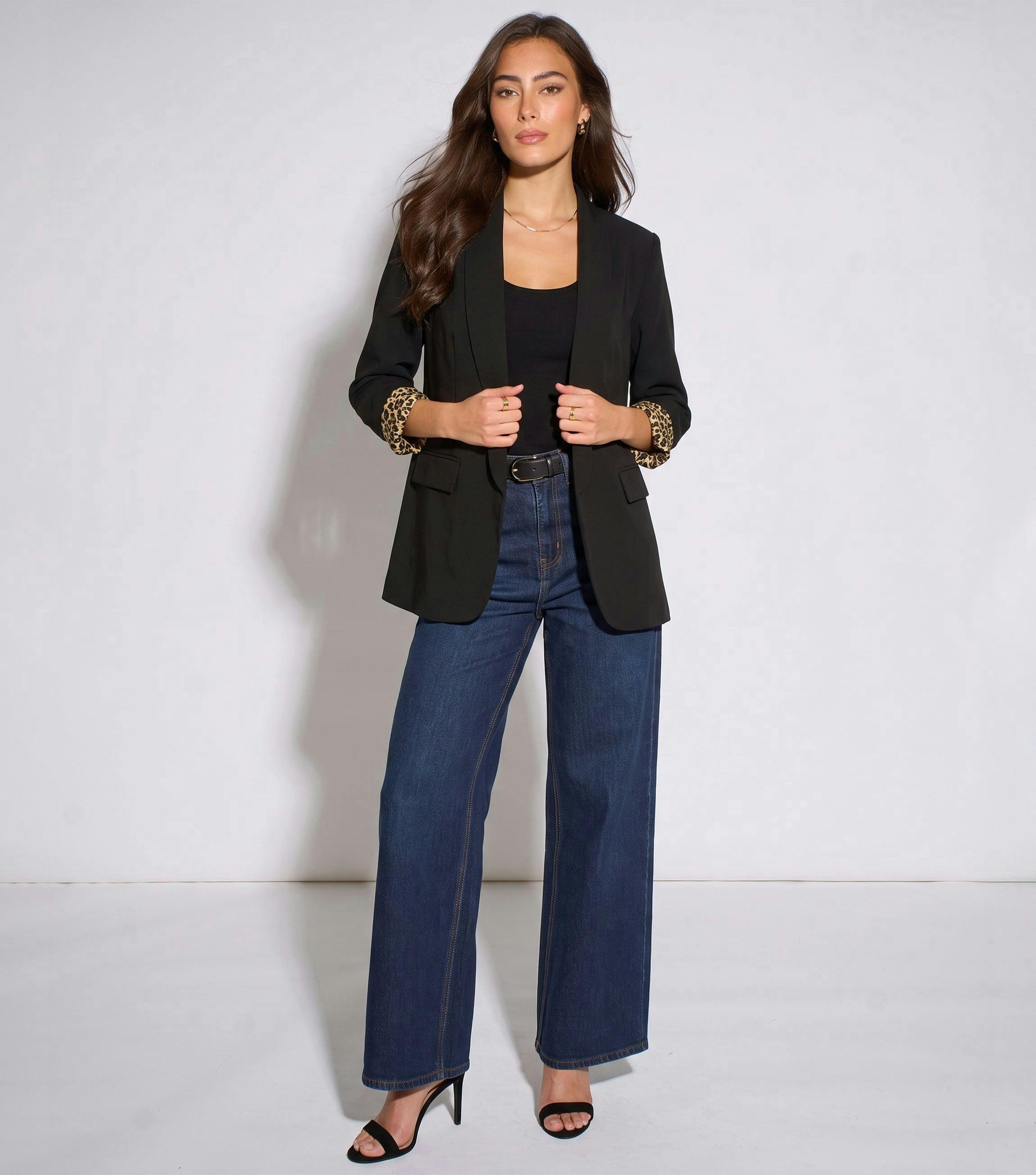 Black Contrast Animal Edge to Edge Blazer , view 3 of 4
