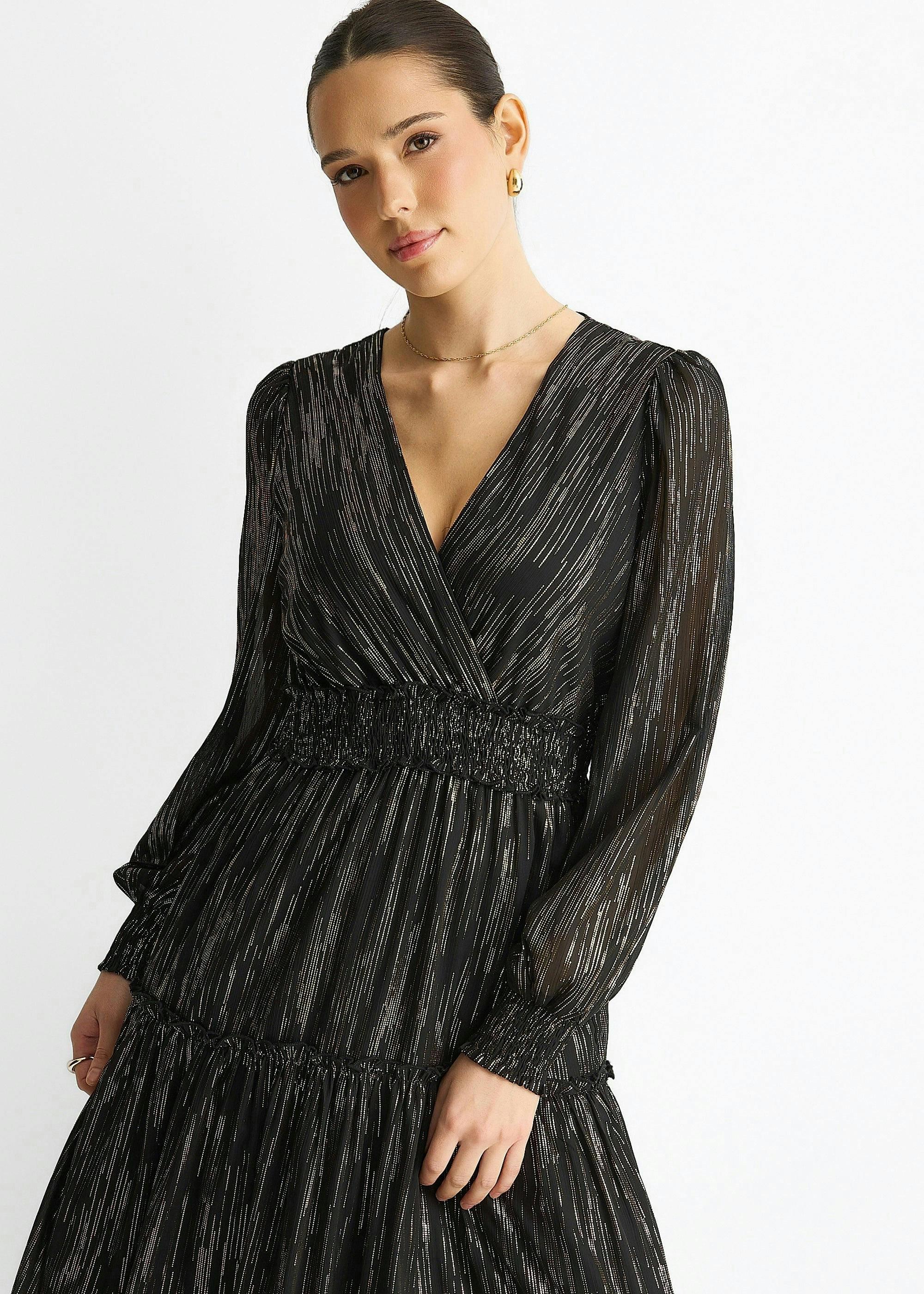 Black Sparkle Chiffon Occassion Tiered Maxi Dress , view 3 of 4