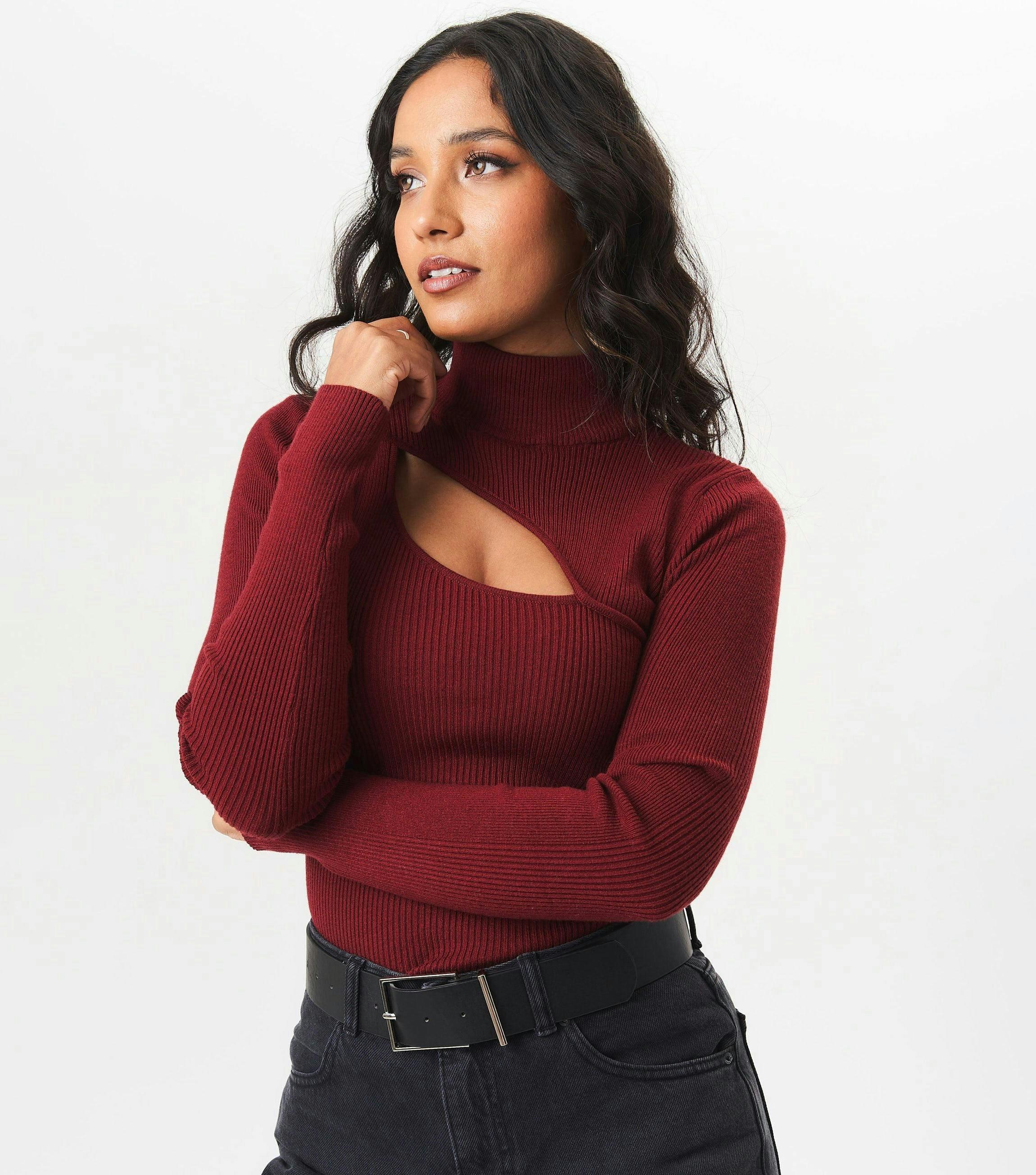 Burgundy High Neck Cut Out Detail Jumper , view 4 of 4