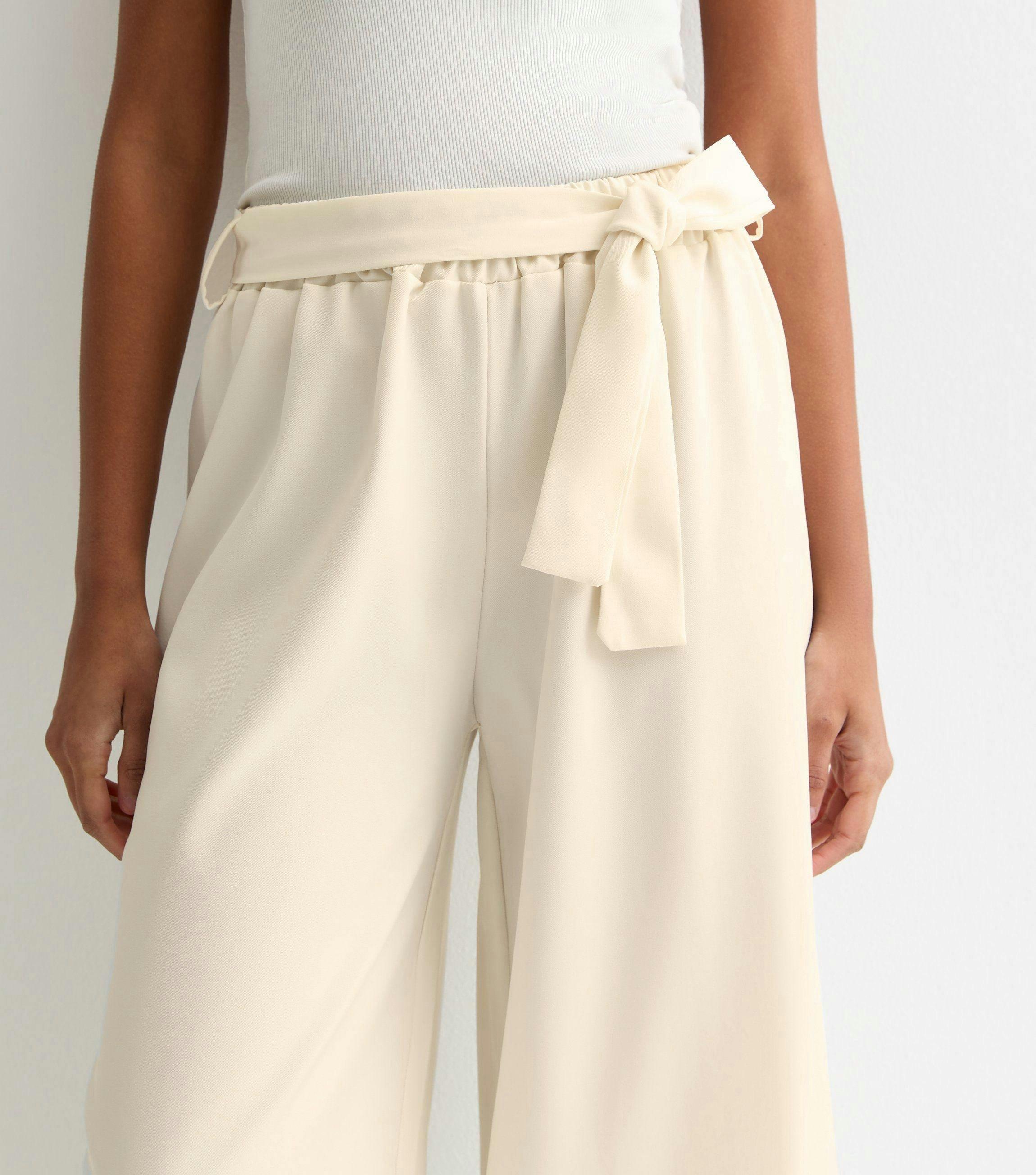 White Elasticated Wide Leg Tie detail Trousers , view 2 of 4
