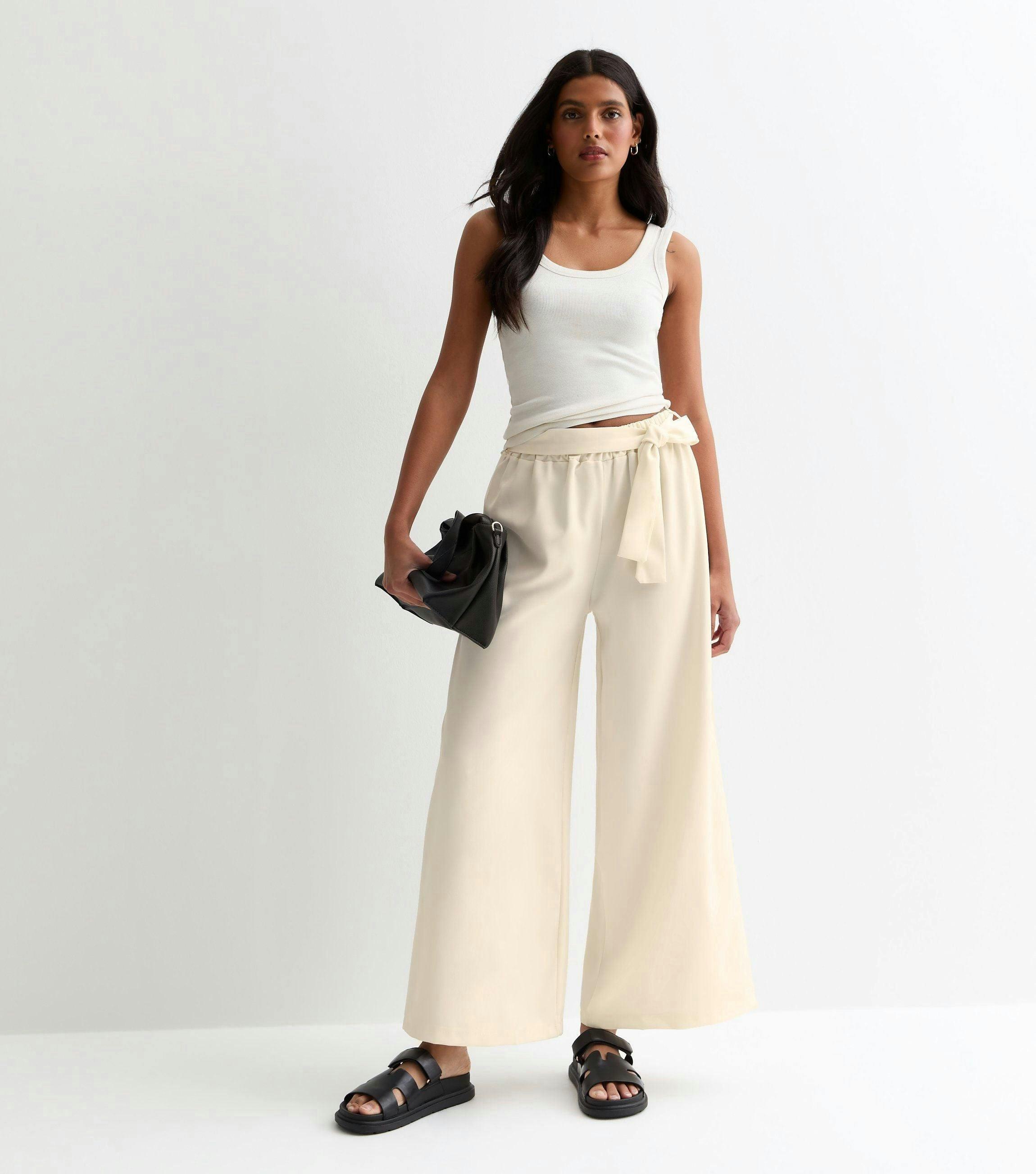 White Elasticated Wide Leg Tie detail Trousers , view 3 of 4