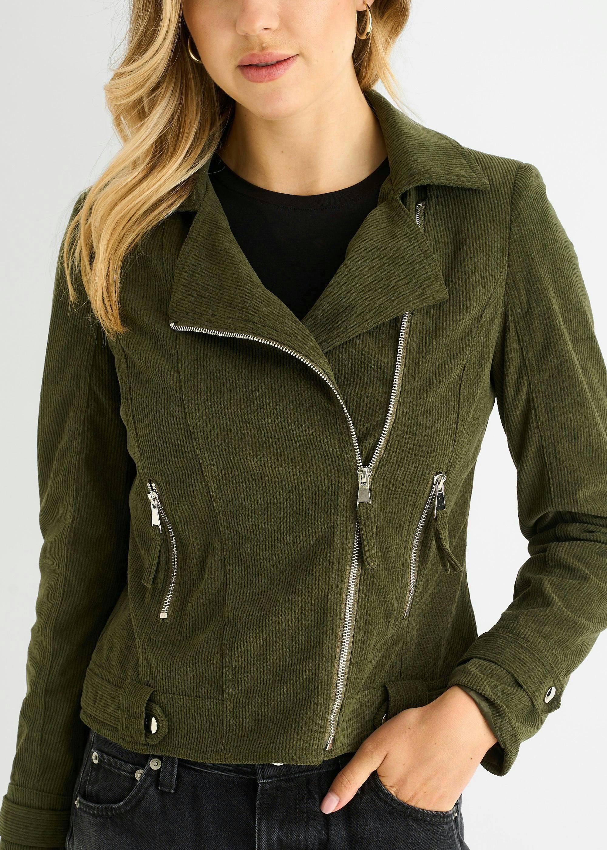 Khaki Corduroy Biker Zip Up Jacket , view 3 of 4